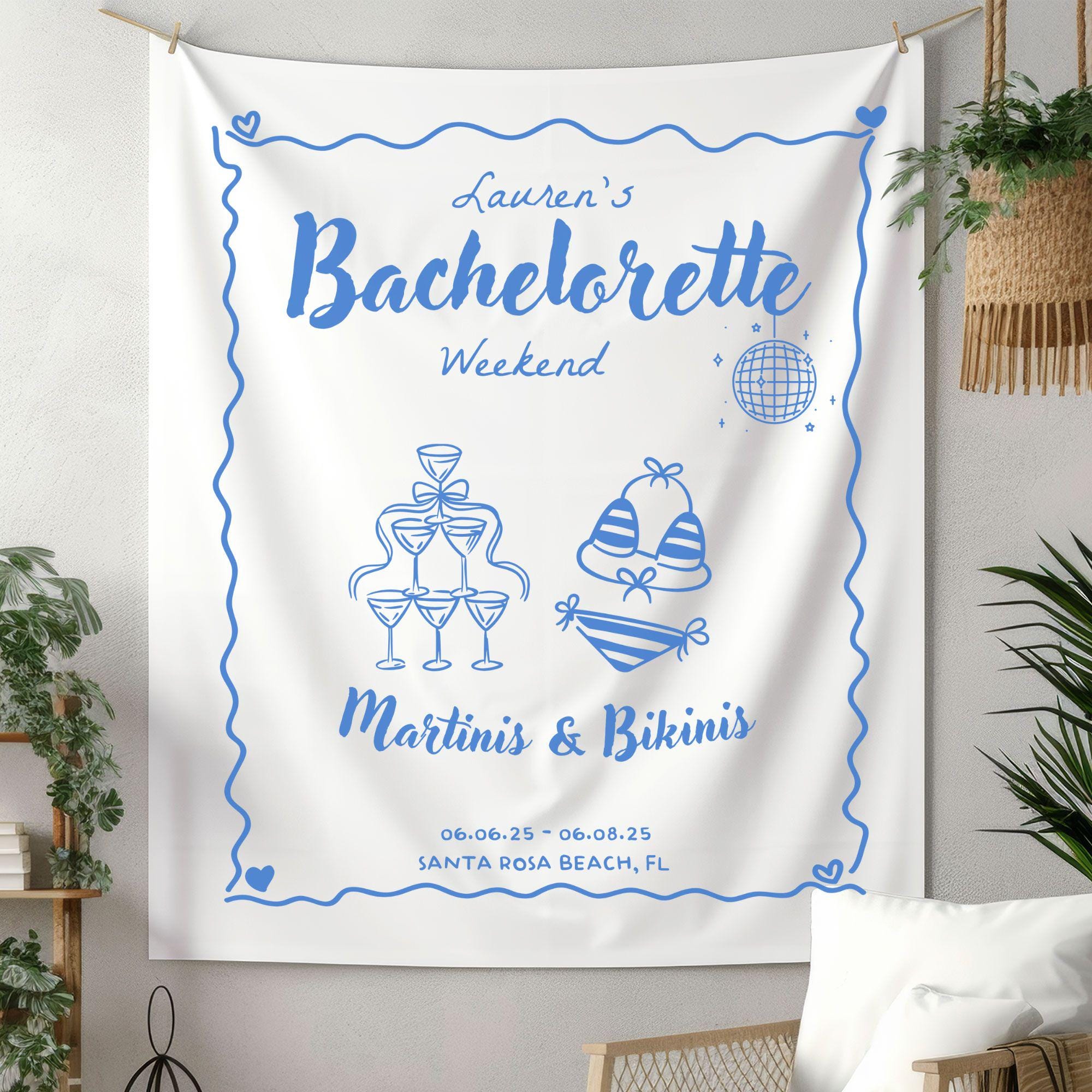 Martinis & Bikinis Bachelorette Party Banner Tapestry, Custom Bridal Shower Decor Beach Bachelorette Weekend Backdrop Coastal Wedding sign
