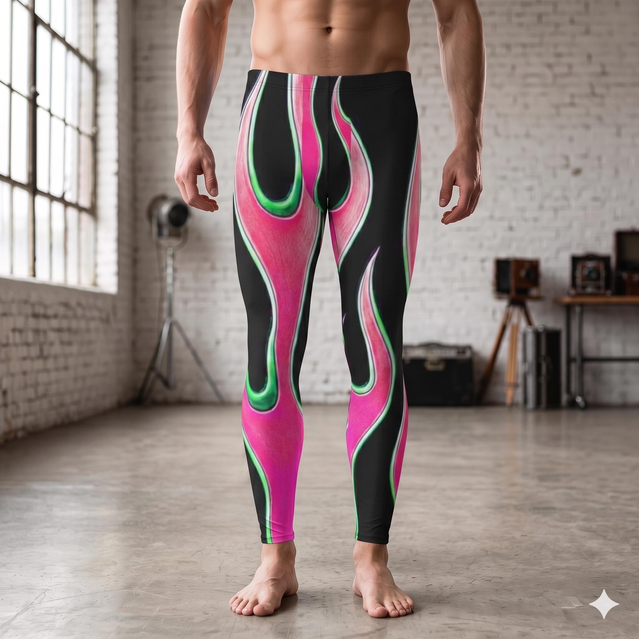 Hot Pink Flame Wrestling Leggings ,Mens Workout Pants , Cycling Athletic Meggings
