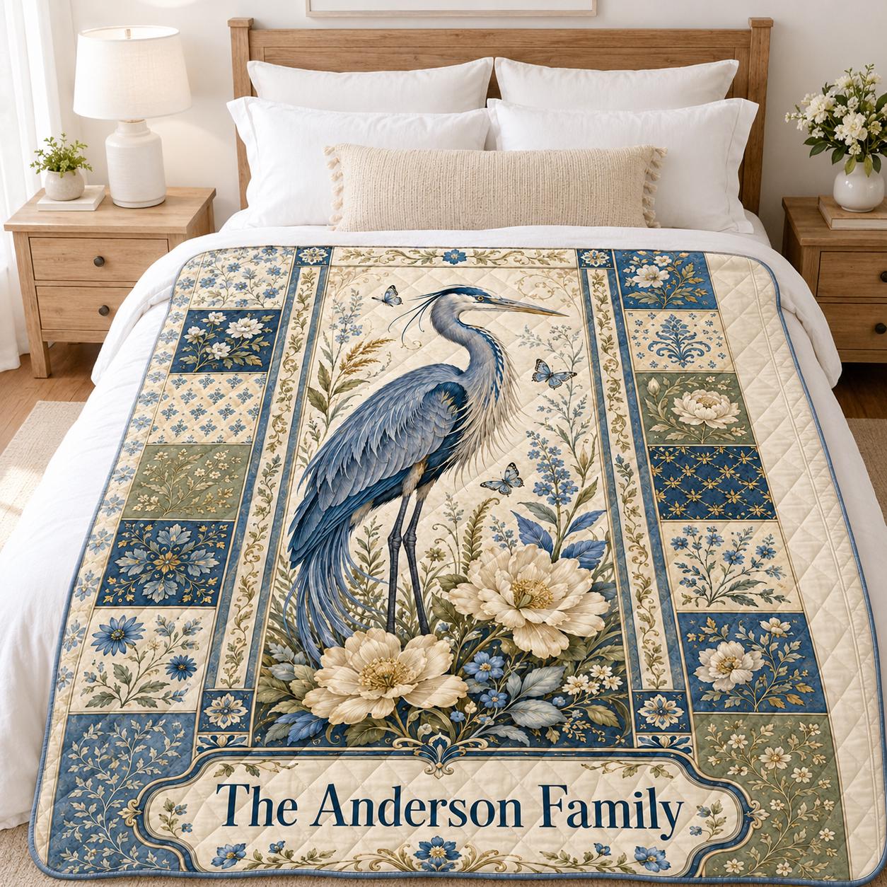 Personalized Heron Quilt Blanket, Custom Family Name Blue Heron Throw, Floral Bird Quilt, Coastal Nature Gift
