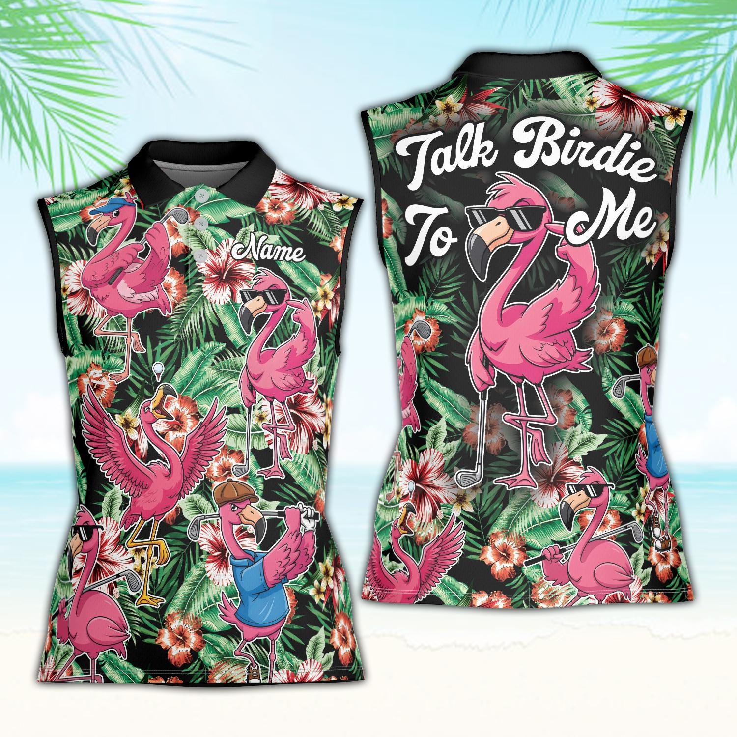Talk Birdie To Me Golf Polo Shirt, Tropical Flamingo Golf Polo, Custom Name Summer Polo