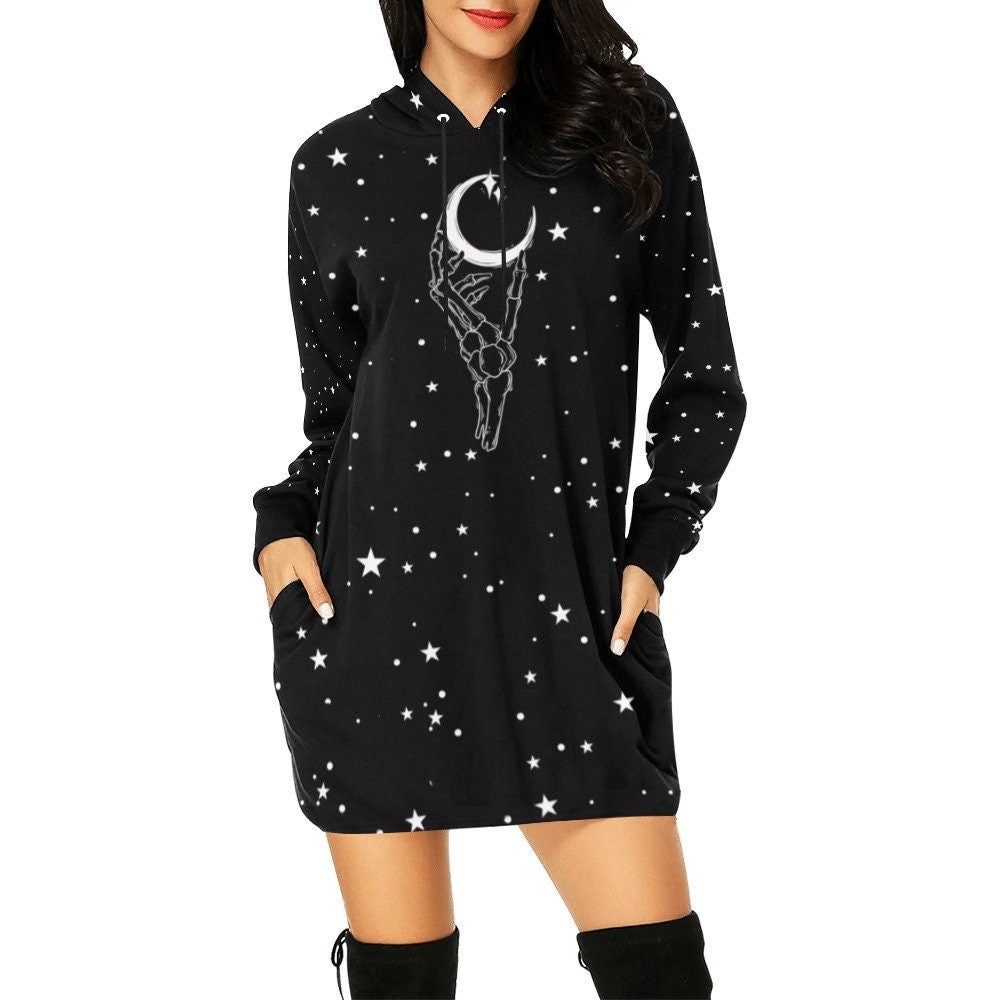 Gothic Starry Skeleton Hand and Crescent Moon Halloween Hoodie Dress Long Sleeve, Halloween Cosplay Costume, Gift For Women