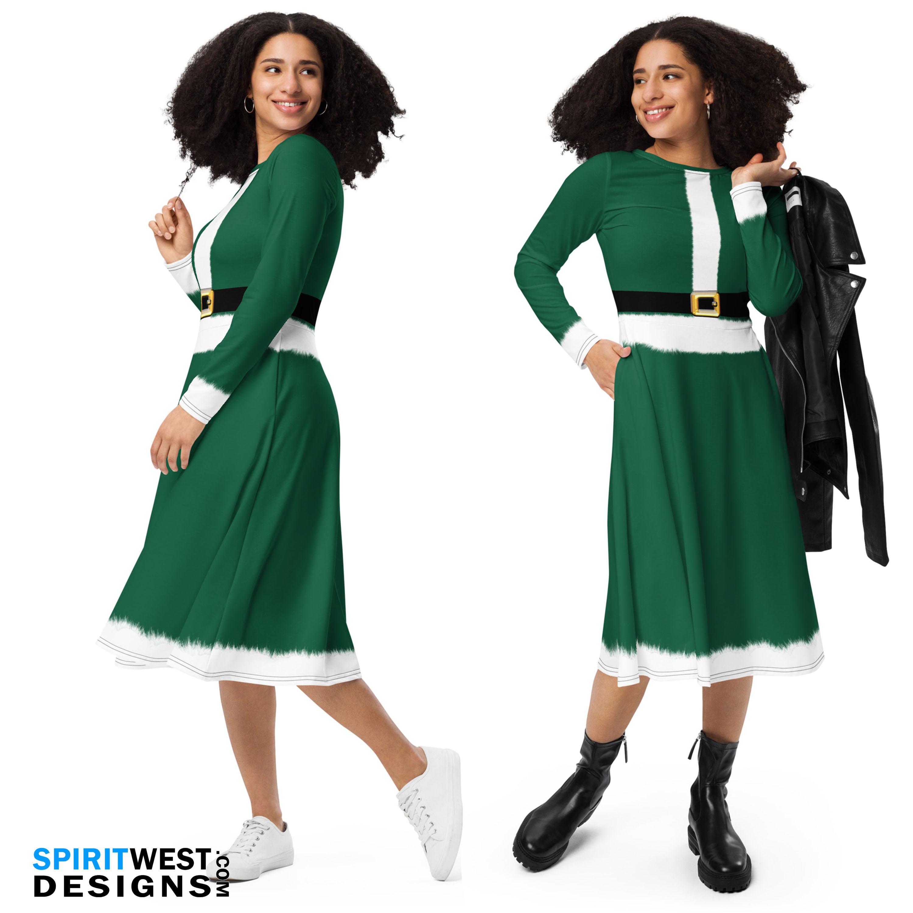 Mrs. Santa Dress Green Ms Claus Christmas Costume Long Sleeve Pocket Dance Petit Secret Santa's Helper Office Party Gift