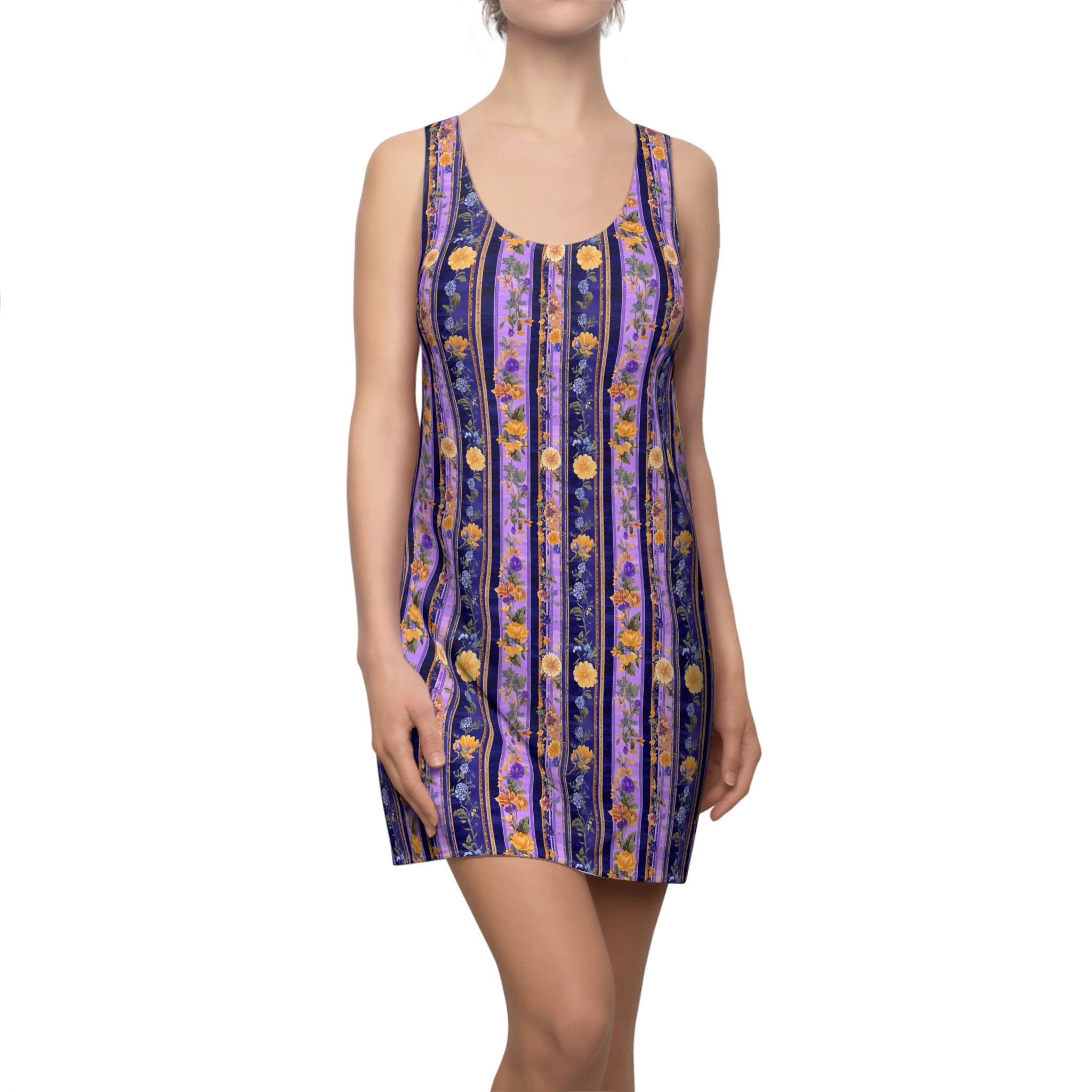 Women's Dress, Highland Elegance Golden Bloom Stripes, Scottish Tartan Inspired, Racerback Dress, Floral Print Fashion, Statement Piece