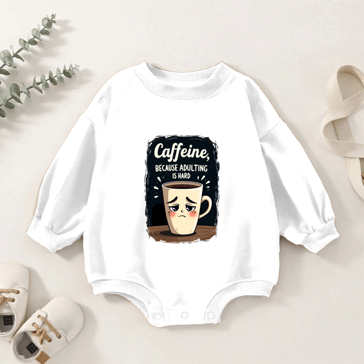 Caffeine Because Adulting Is Hard - Coffee Humor Baby Romper Sweatshirts