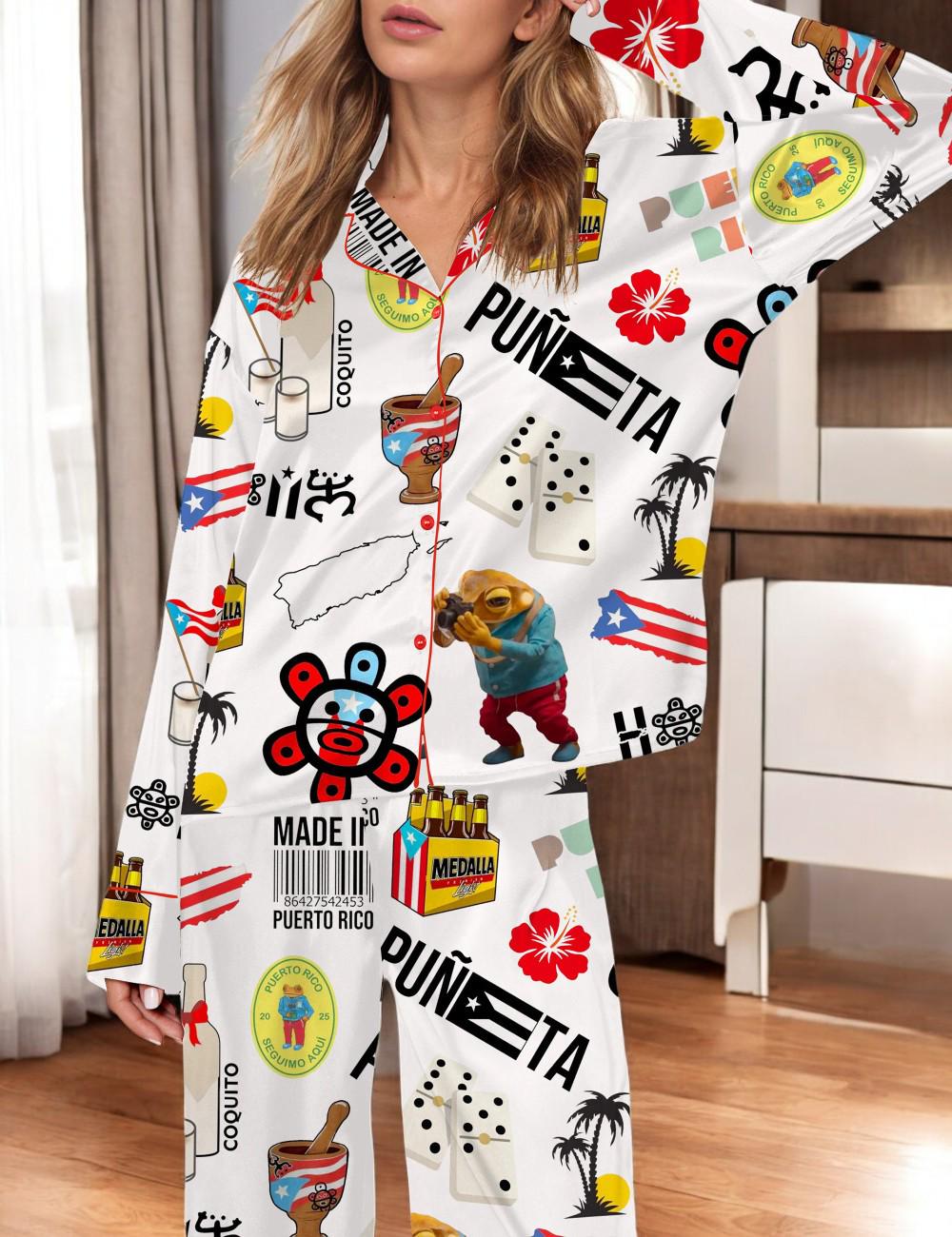 Puerto Rico Inspired Pajama Set with Coquito Bottle and Hibiscus Print