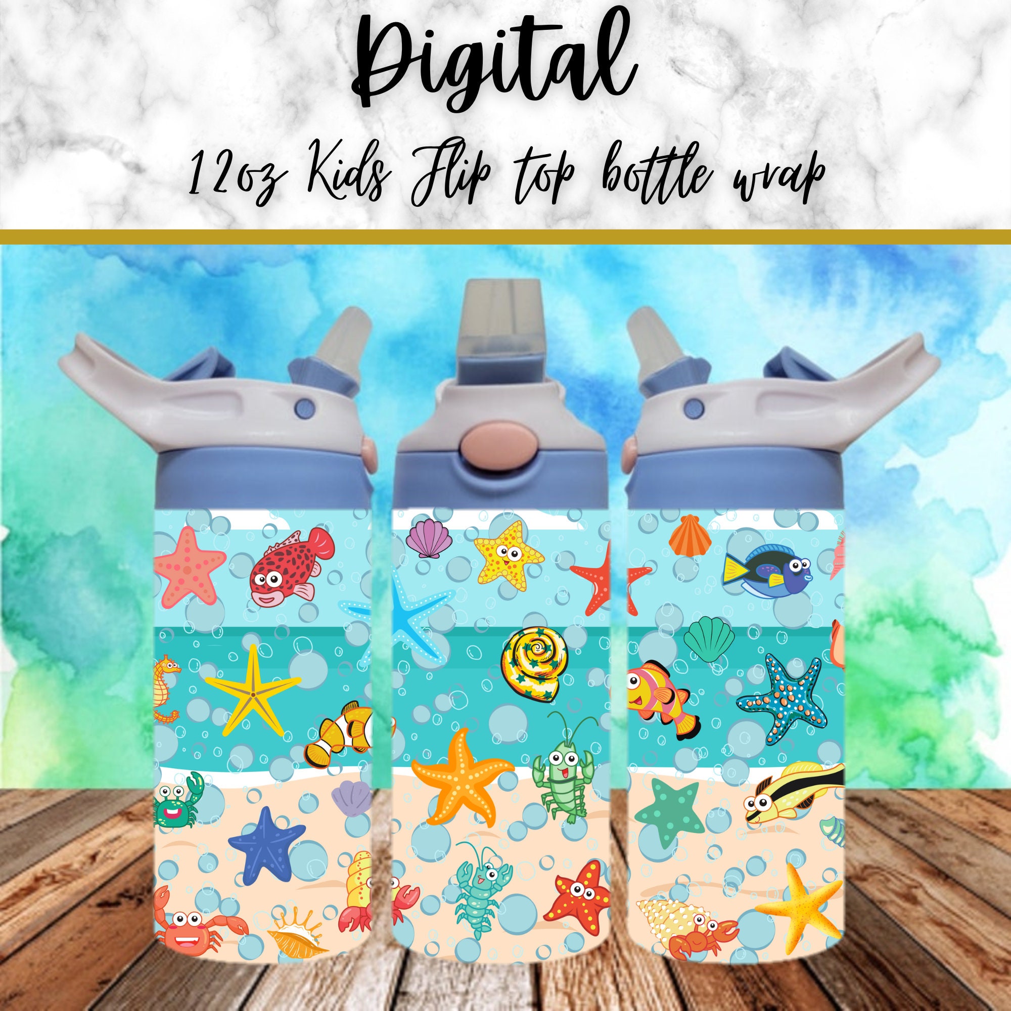 Sea 300dpi 12oz Kids Flip top Sippy cup Tumbler Wrap, Ocean/Beach/Fish/Sand