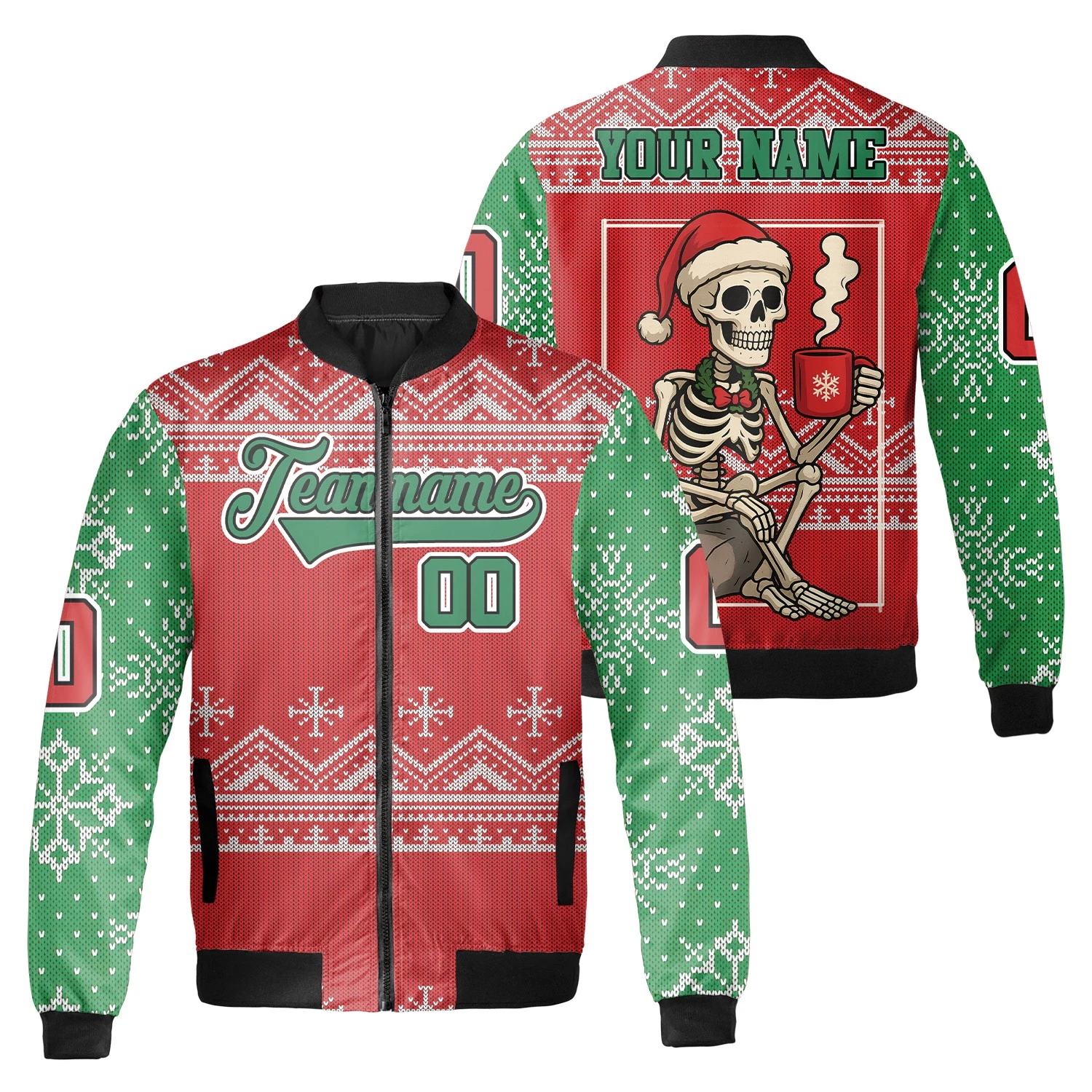 Personalized Skeleton Drinking Coffee Ugly Christmas Happy Holiday Bomber Jacket