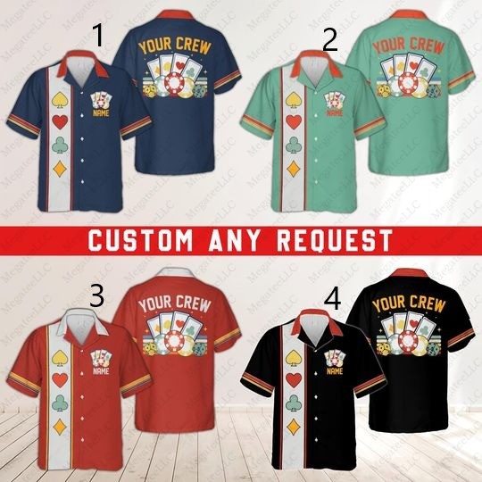Personalized Casino Hawaiian Shirt, Custom Name Poker Crew Button Down Shirt, Matching Gamble Shirt, Retro Poker Lover Team Shirt