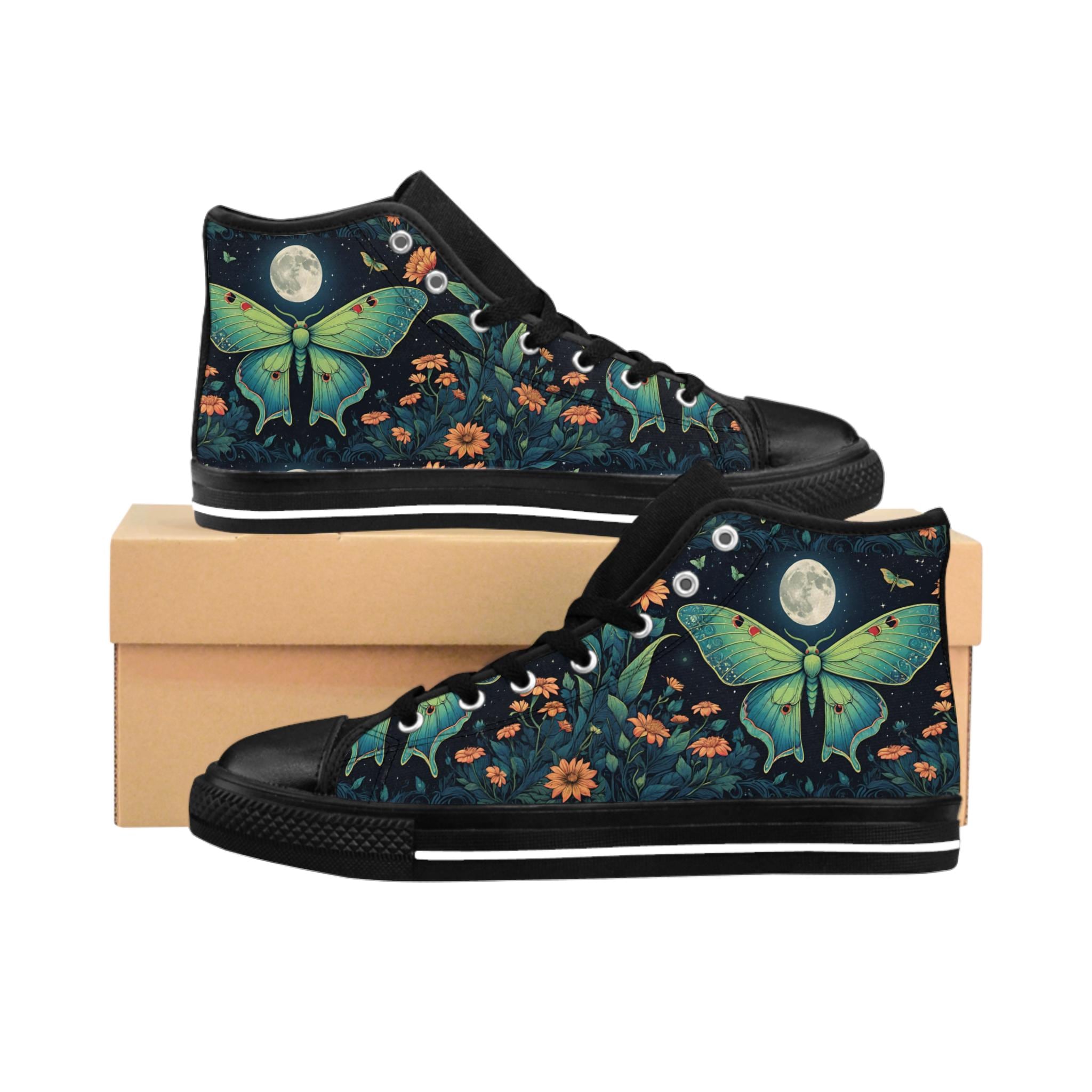 Floral Luna Moth Sneakers, Fashion Accessories, Moon Shoes, Gift, Floral Design Shoes
