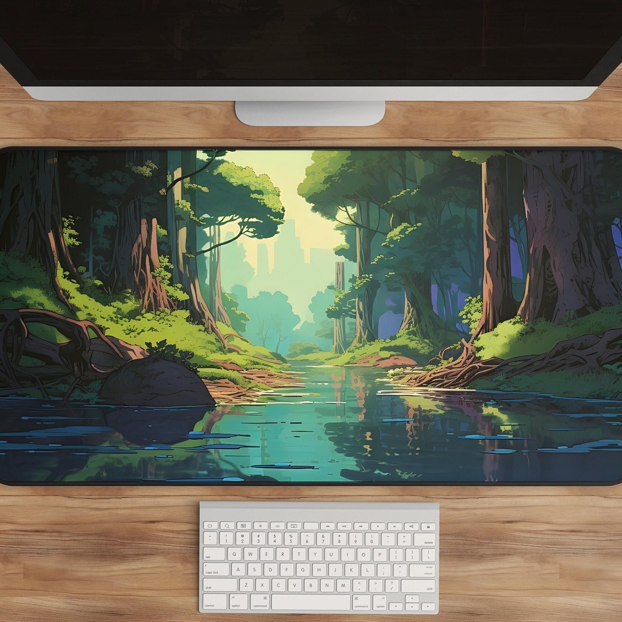 Anime Desk Mat - Vibrant Woodland & River Design for Gaming and Aesthetic Workspaces