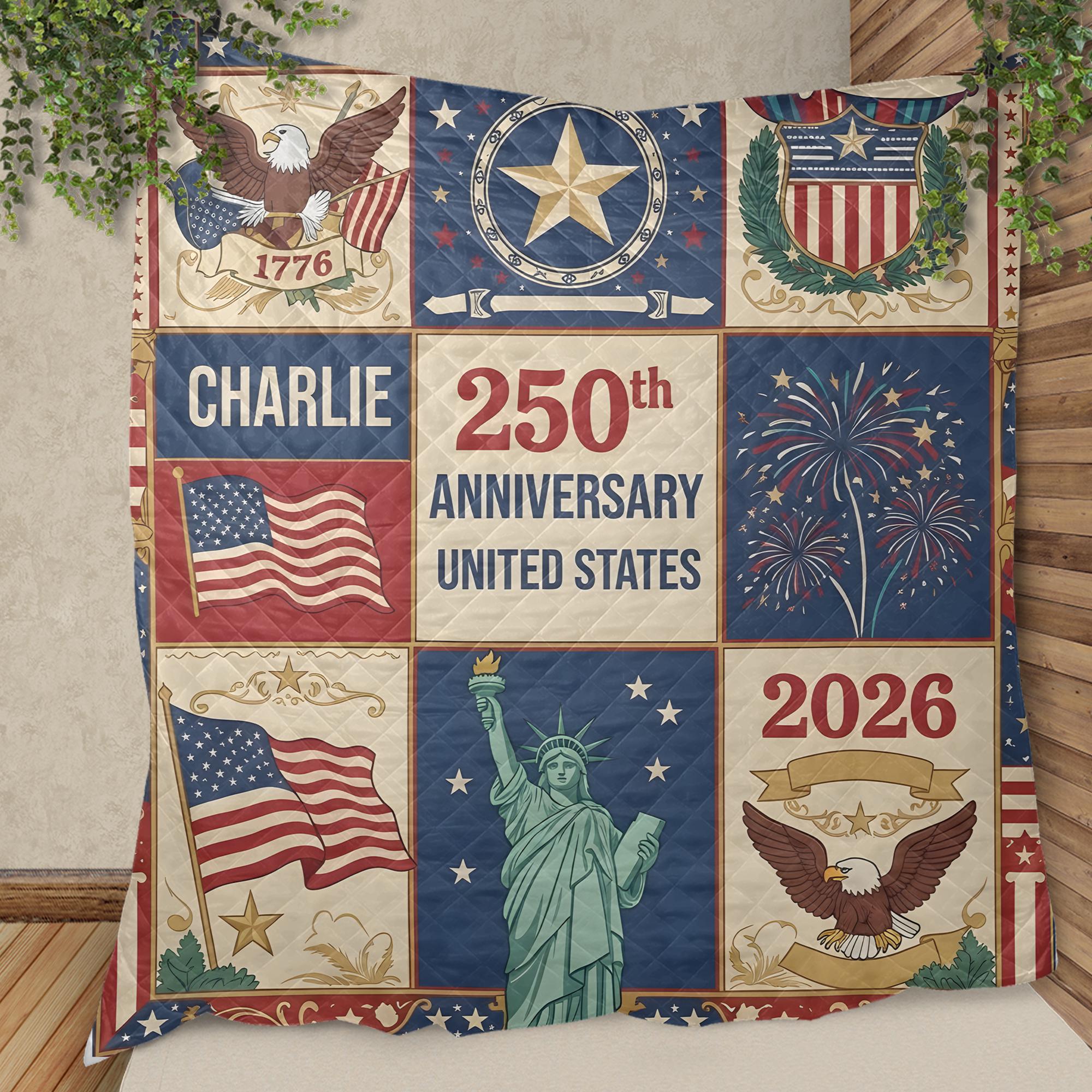 Personalized 250th Anniversary USA Quilt, Patriotic American Flag Blanket, 17762026 United States Celebration Quilt Gift