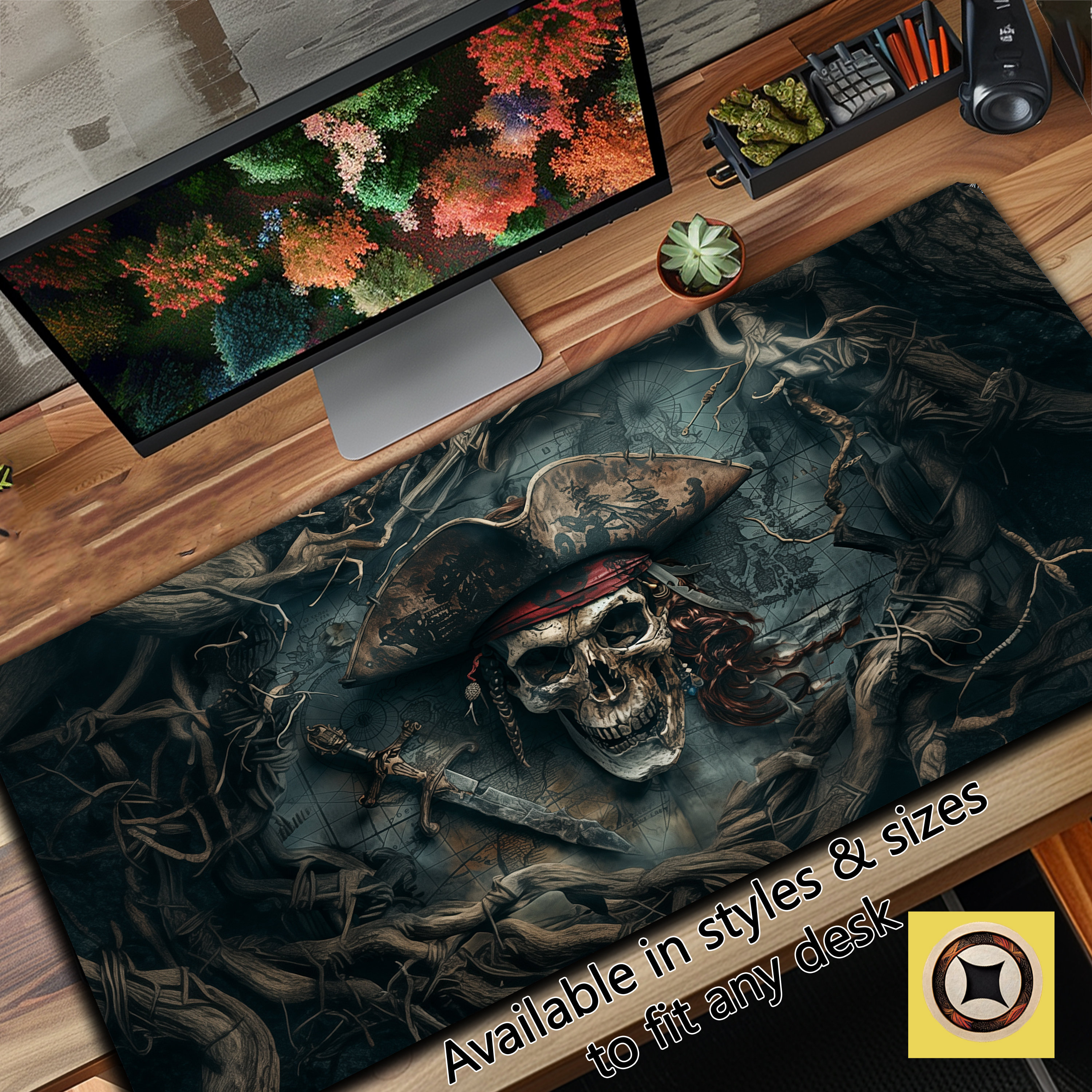Pirate Skull Gaming Desk Mat with Ancient Map Design and Forest Vines