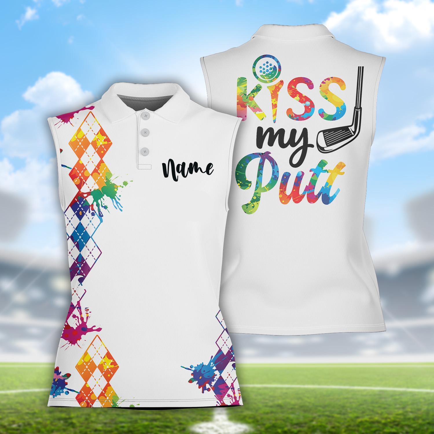 Women's Personalized Sleeveless Golf Polo, Kiss My Putt Custom Argyle Team Polo Shirt, Funny Golf Tee