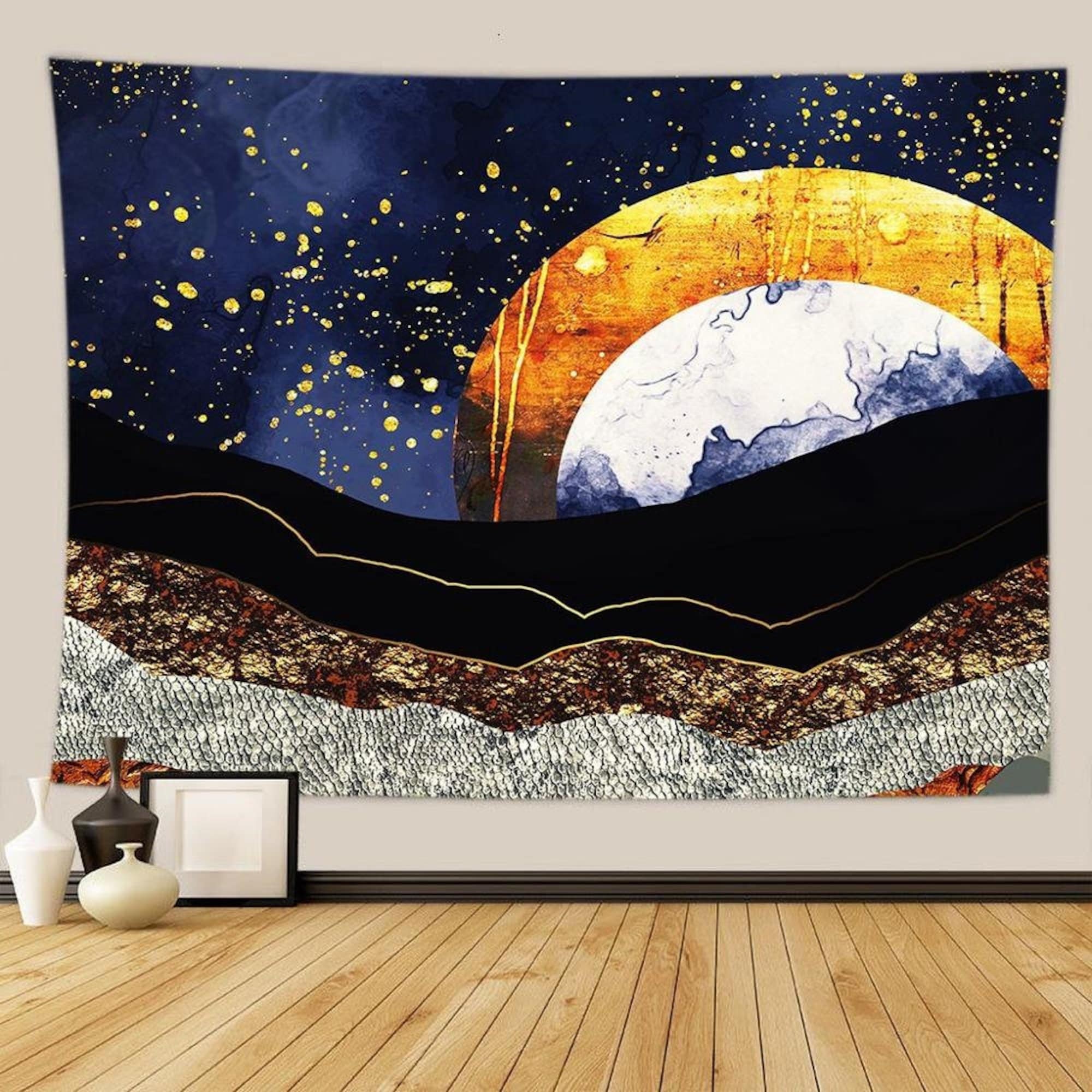 Nordic Tapestry, Landscape Scenery Wall Tapestry, Abstract Art Wall Hanging, Sun Moon Mandala Tapestries Wall Decor