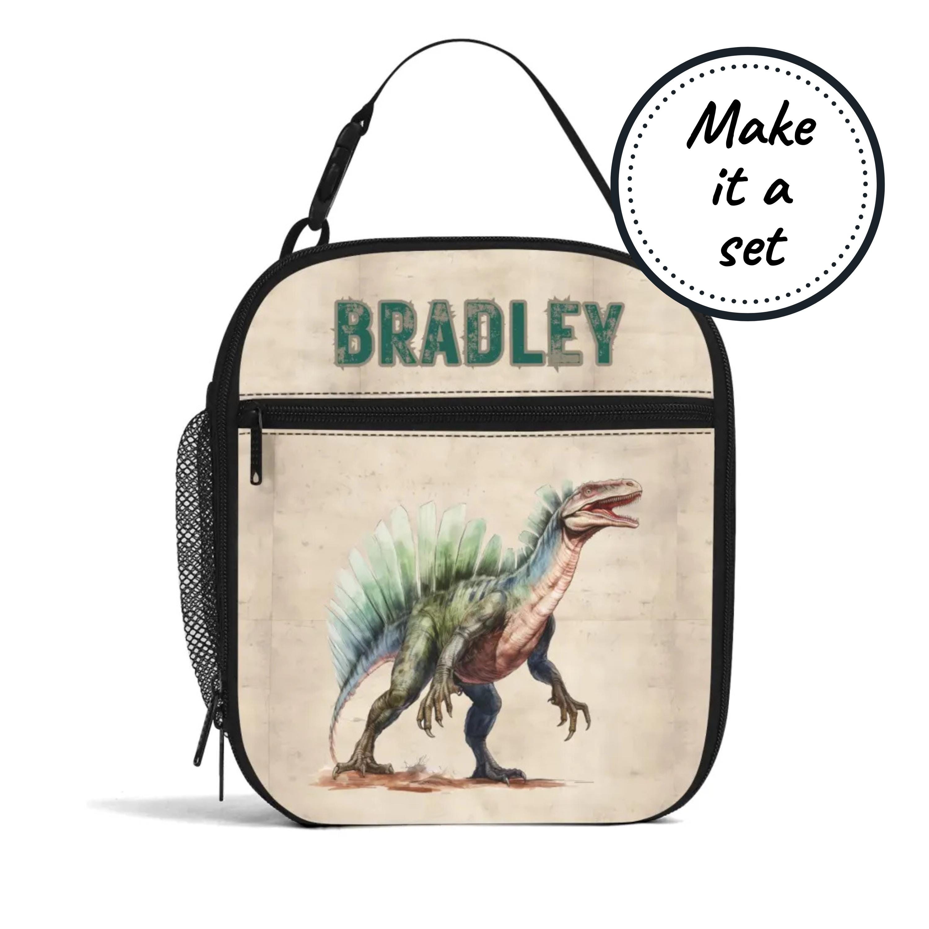 Custom Name Insulated Lunch Bag for Kids with Trex Dinosaur, Personalized Food Cooler Lunchbox