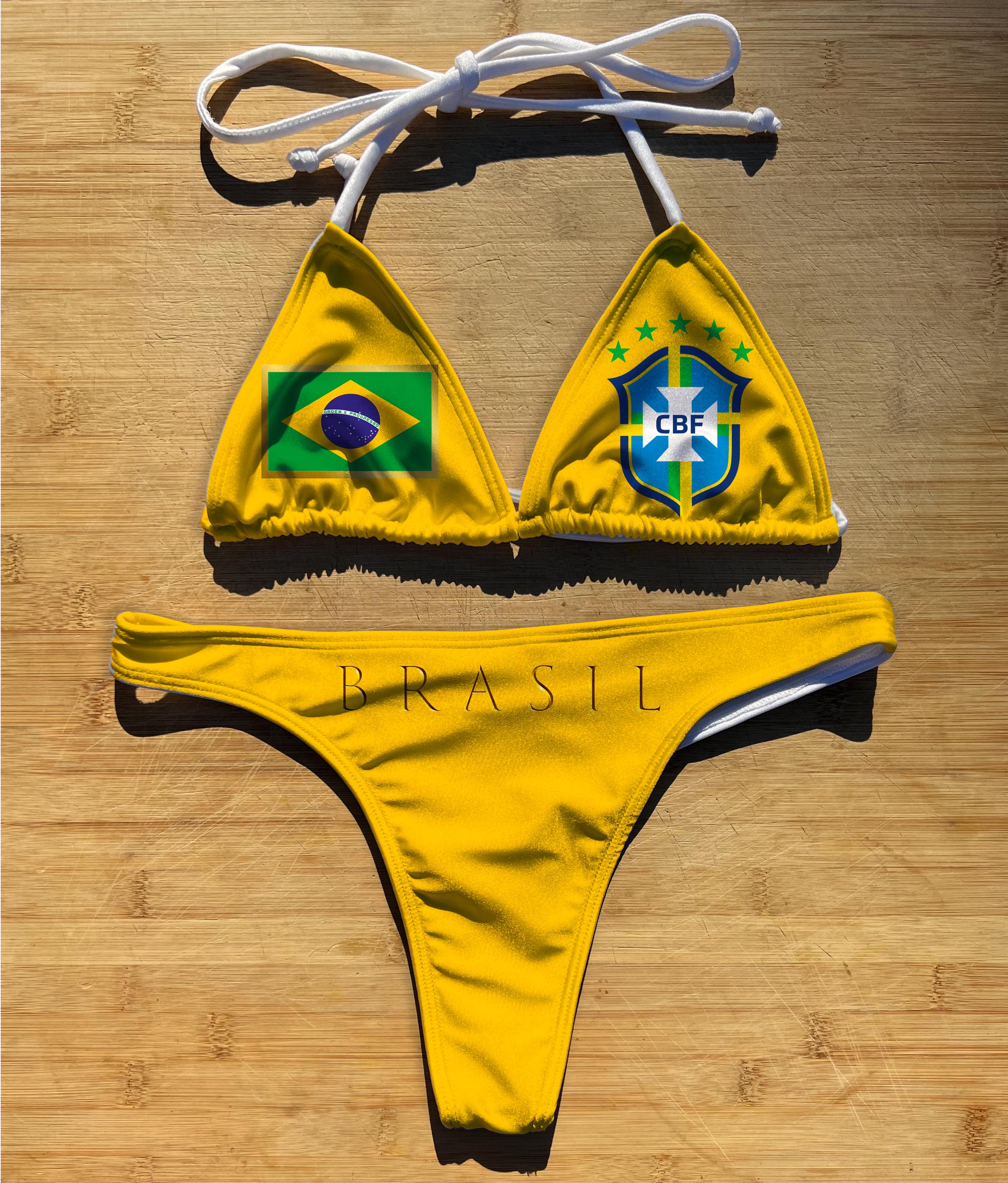 Swimwear Bikini 2 Piece Set | Brasil Football | Thong Cheeky Full Coverage | Triangle String Tie Top Bathing Suit | Brazil Futebol CBF