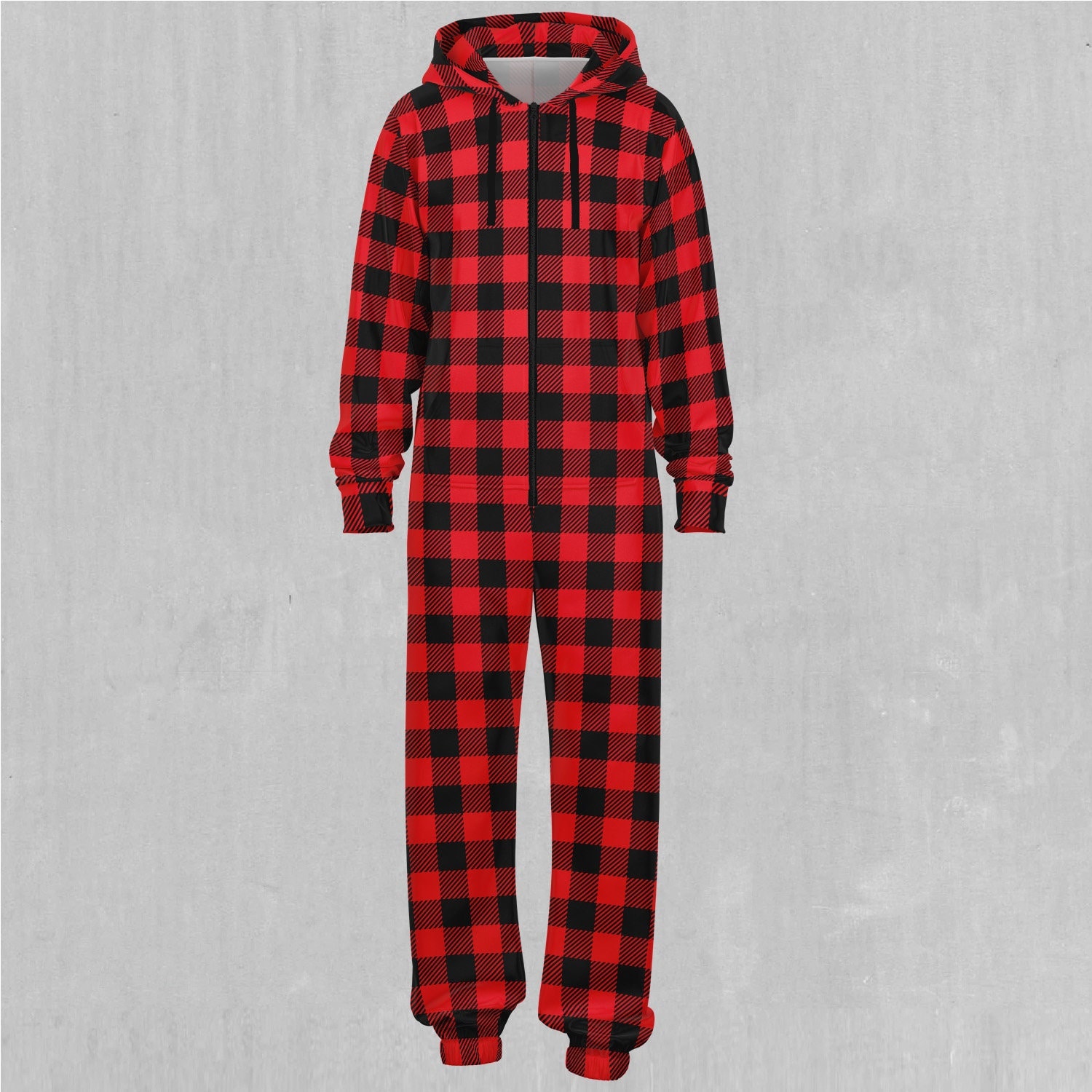 Red Checkered Plaid Adult Zip Up Jumpsuit Pajamas