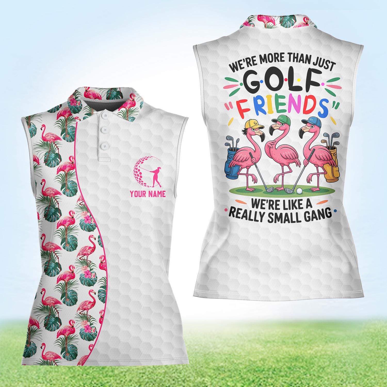 Funny Golf Friends Shirt for Women Flamingo Matching Group Polo, Custom Sleeveless Golf Shirt, Tropical Cute Golf Outfit for Besties