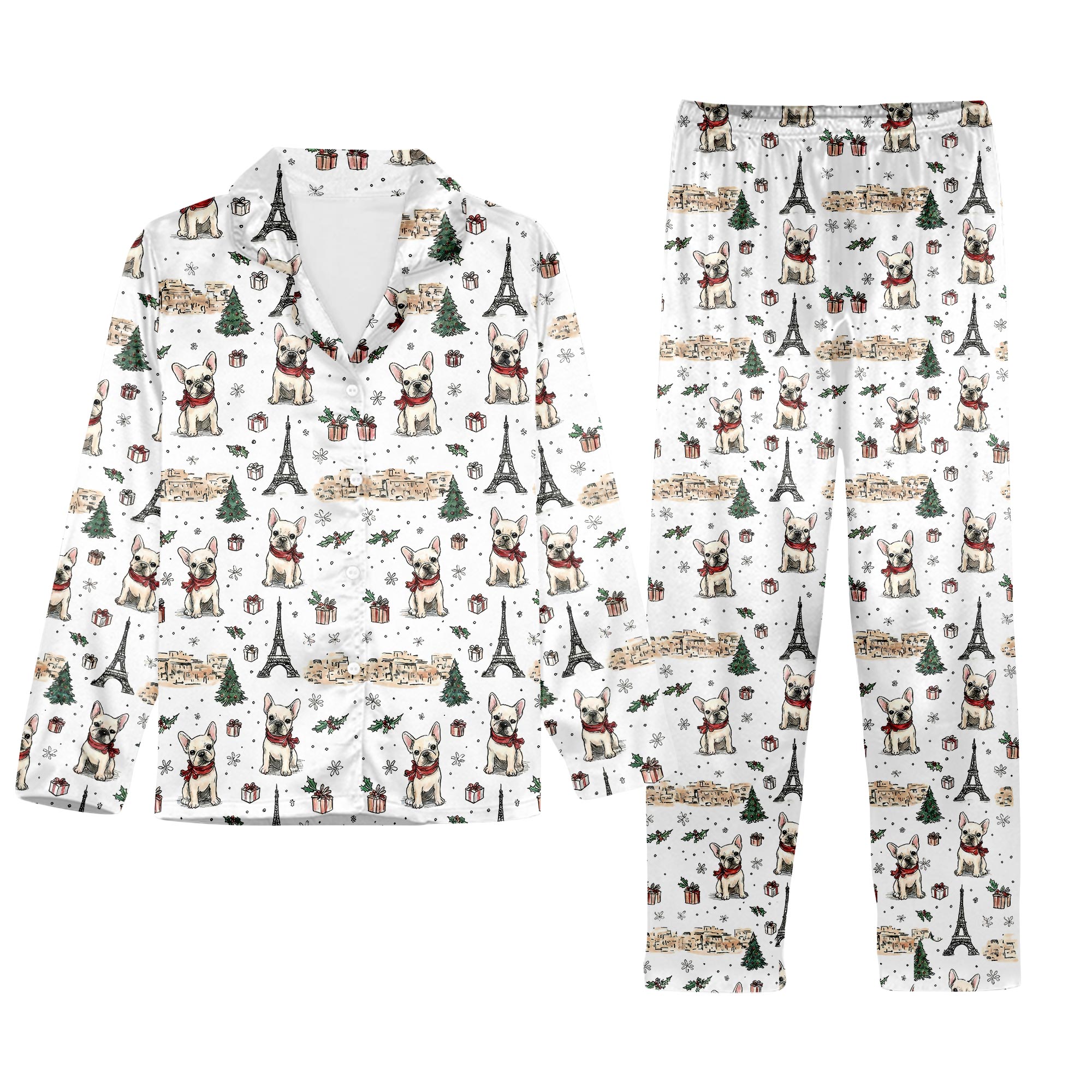 French Bulldog Paris Christmas Pajamas Holiday Dog PJs with Eiffel Tower, Gifts and Snowflakes, Cozy Winter Sleepwear for Frenchie Lovers