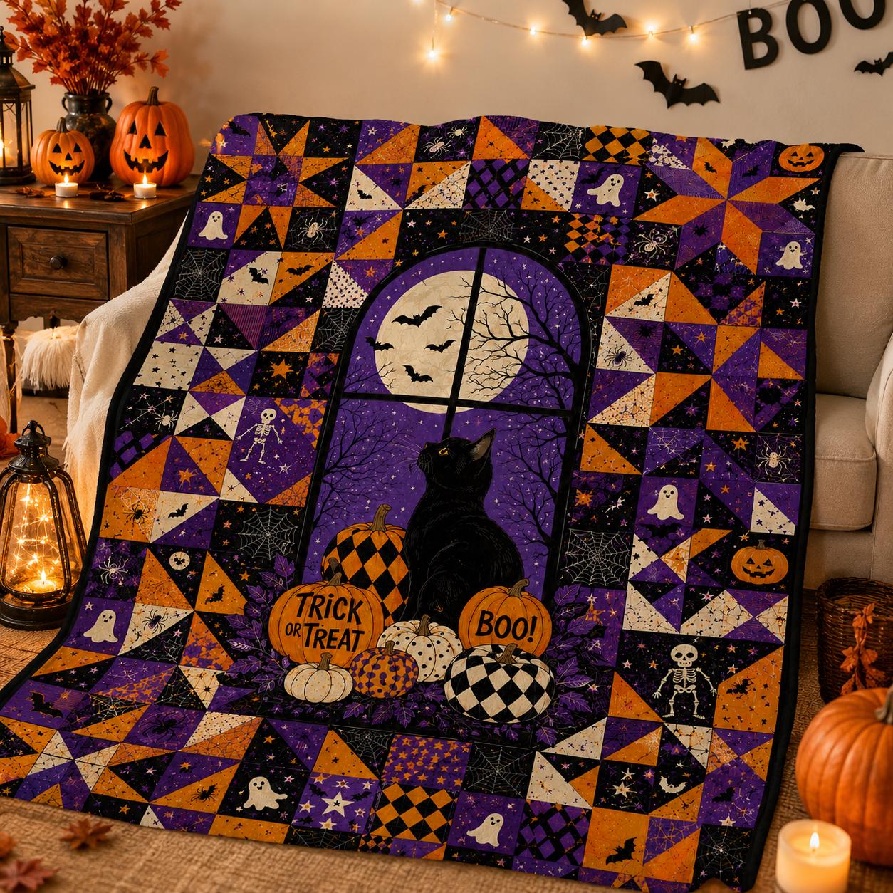 Personalized Halloween Black Cat Quilt Blanket, Spooky Patchwork Fleece Quilt with Moon, Window, Pumpkin Boo Design