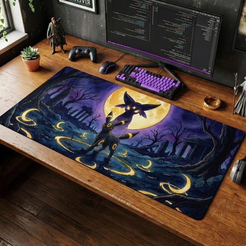 Umbreon Mystic Moon Desk Mat, Dark Watercolor Gaming Mouse Pad, Gothic Anime