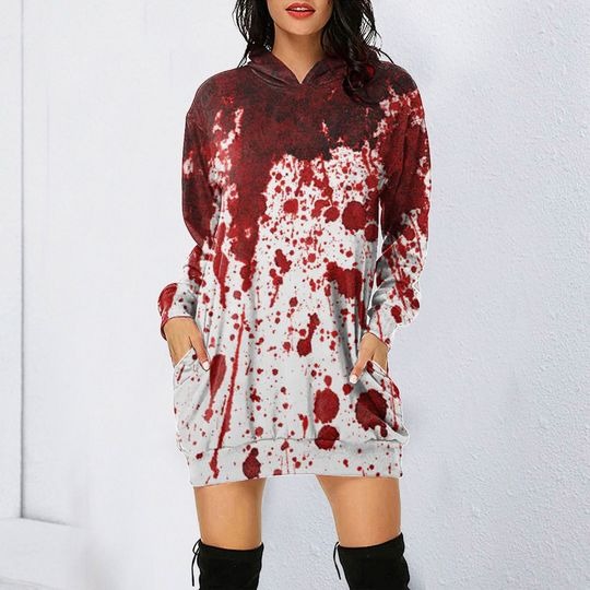 Women Bloody Print Hoodie Dress Long Sleeve, Halloween Cosplay Costume, Gift For Women
