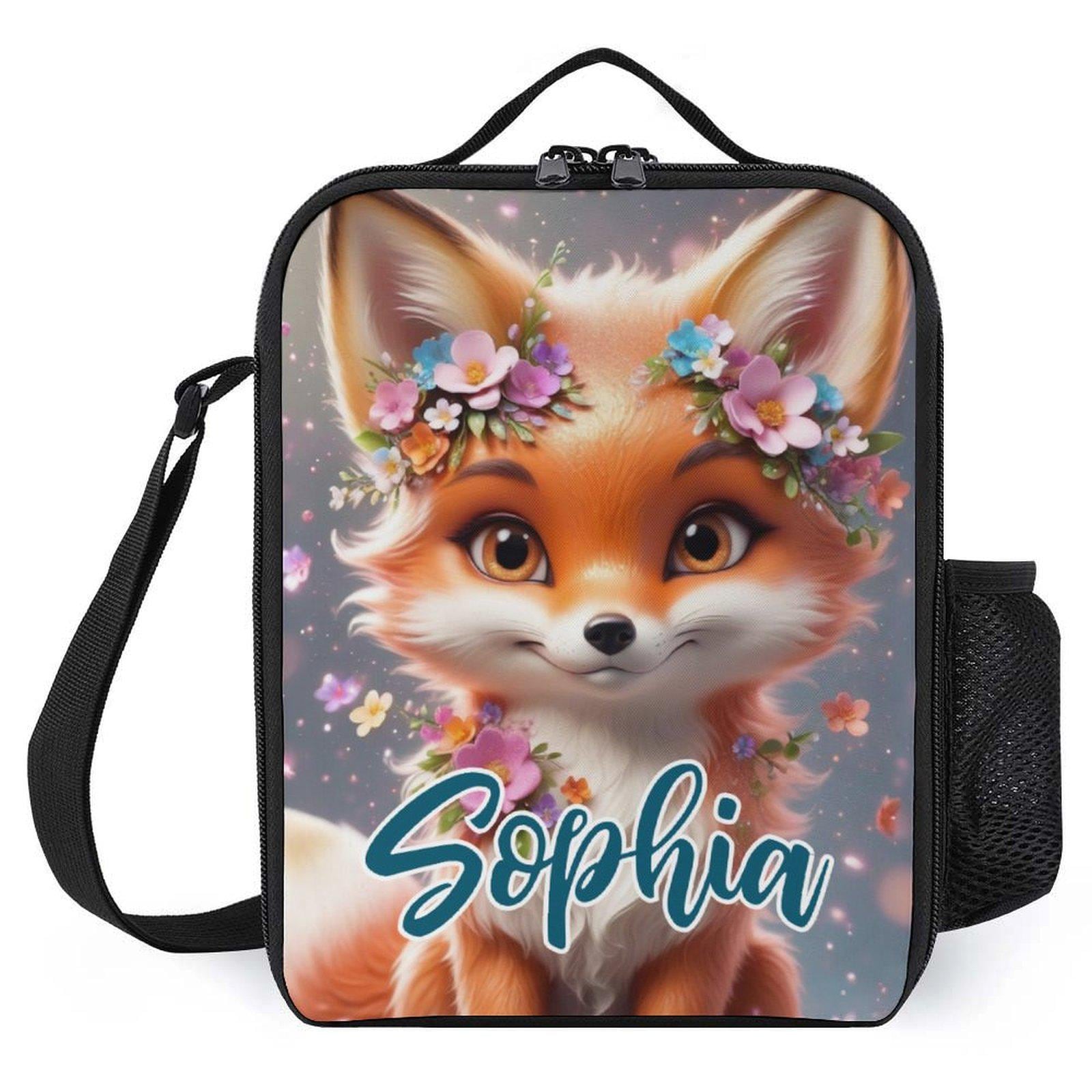 Personalized Floral Woodland Fox Animal Lunch Bag for School Camp Boys & Girls