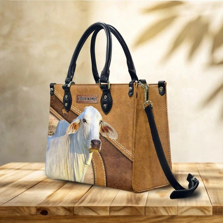 Personalize Brahman Cattle Leather Handbag, White Cow Vintage Leather Handbag