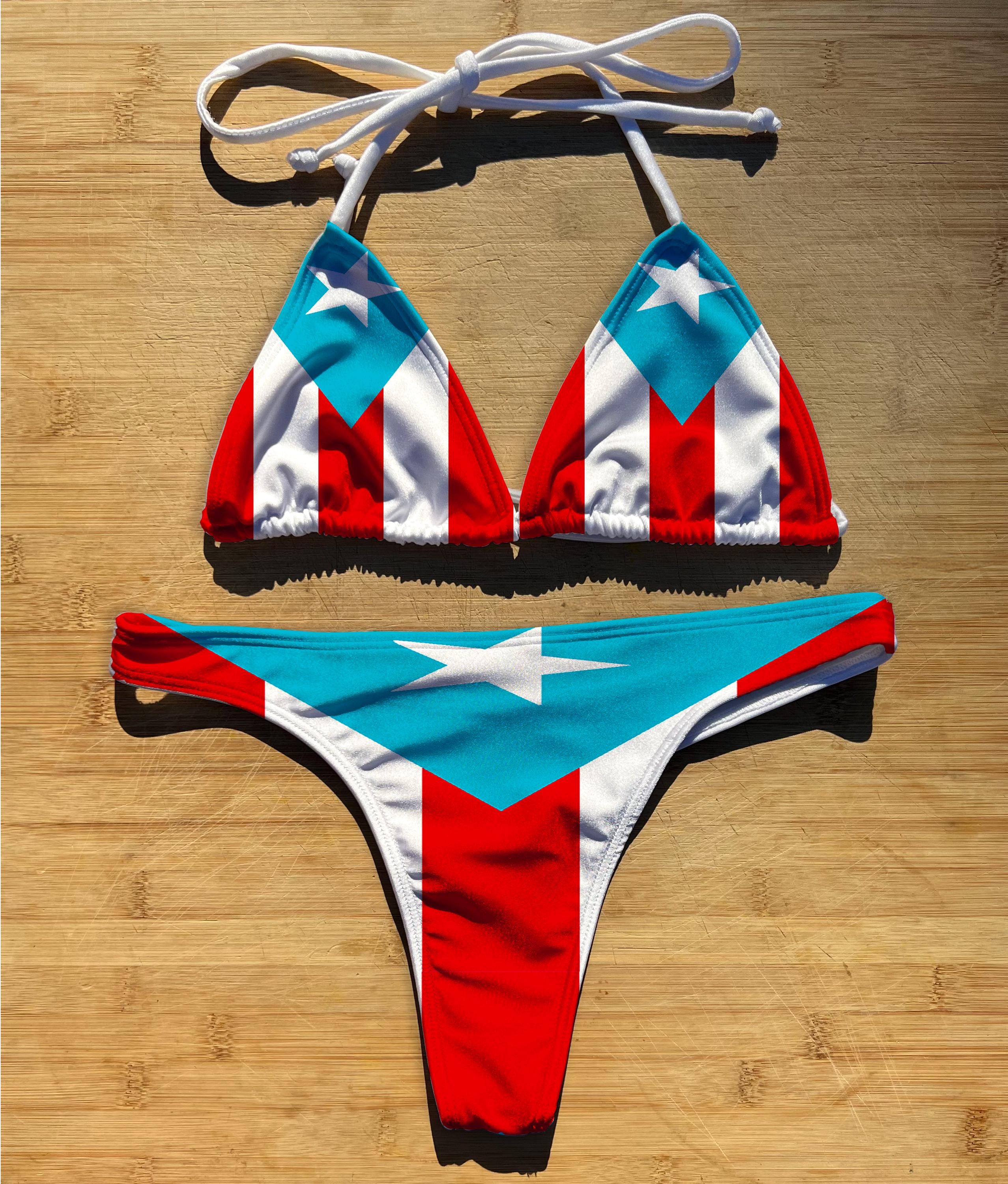 Swimwear Bikini 2 Piece Set | Puerto Rico Flag | Thong Cheeky Full Coverage | Triangle String Tie Top Bathing Suit | PR Rican Boricua