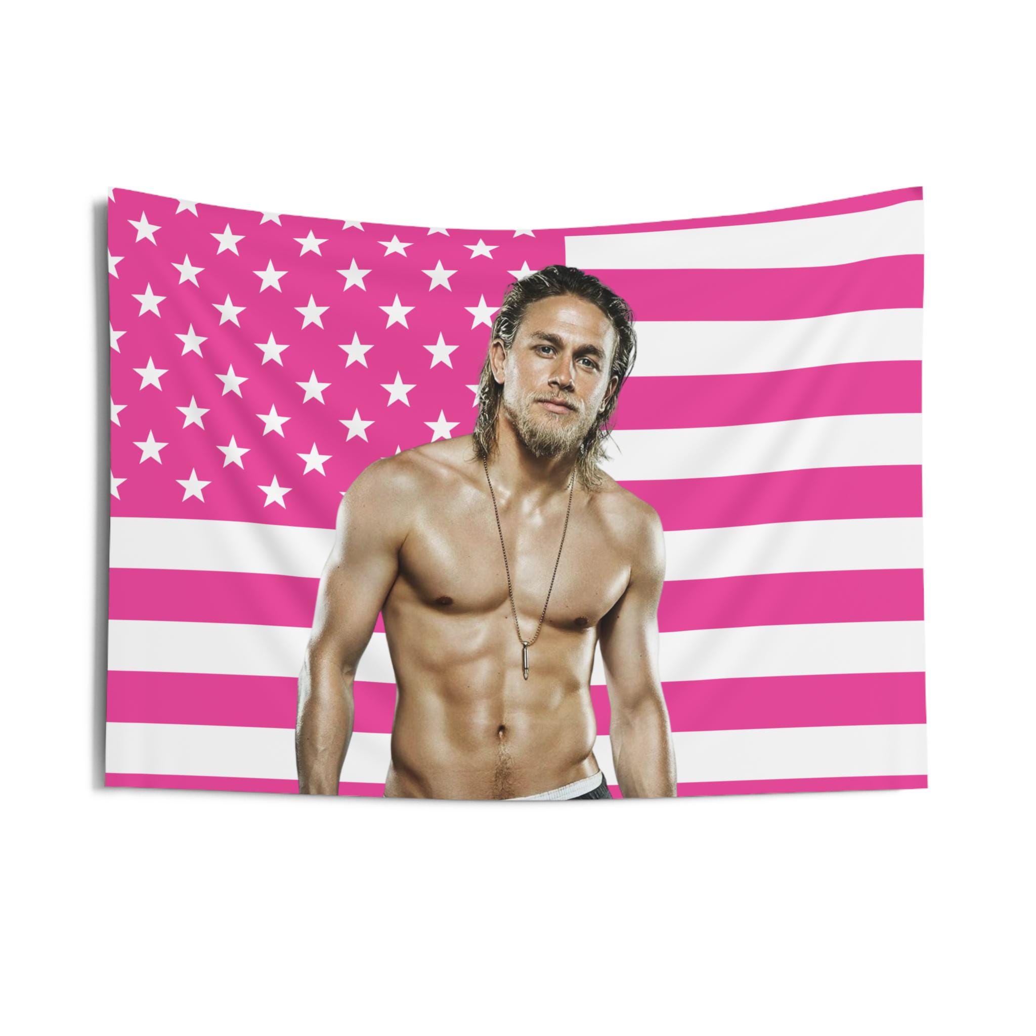 Charlie Hunnam shirtless longhair Flag, Charlie Hunnam Indoor Wall Tapestries, Charlie Hunnam Pink Flag