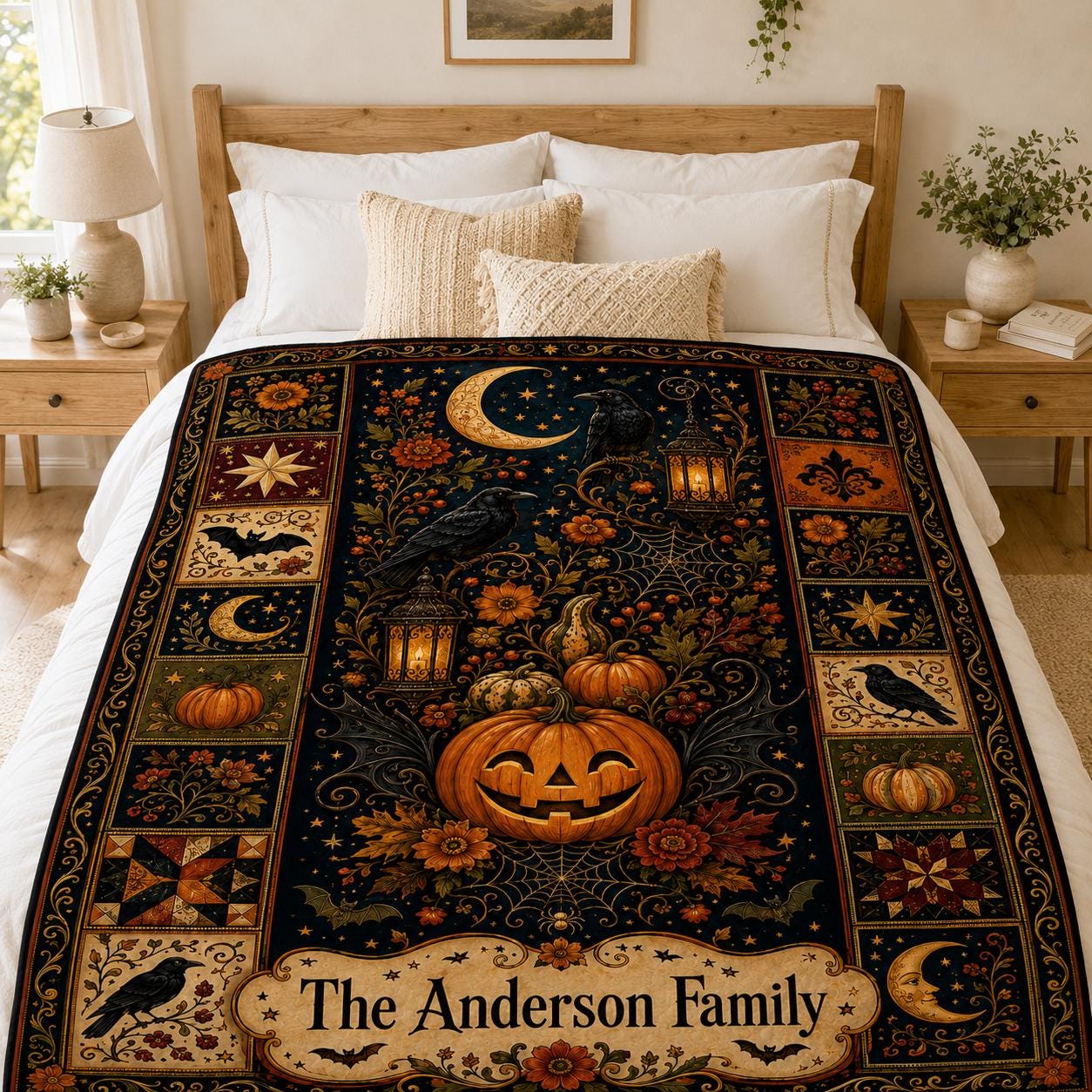Personalized Halloween Quilt Blanket, Custom Family Name Raven Throw, Gothic Pumpkin Witchy Fall Home Decor