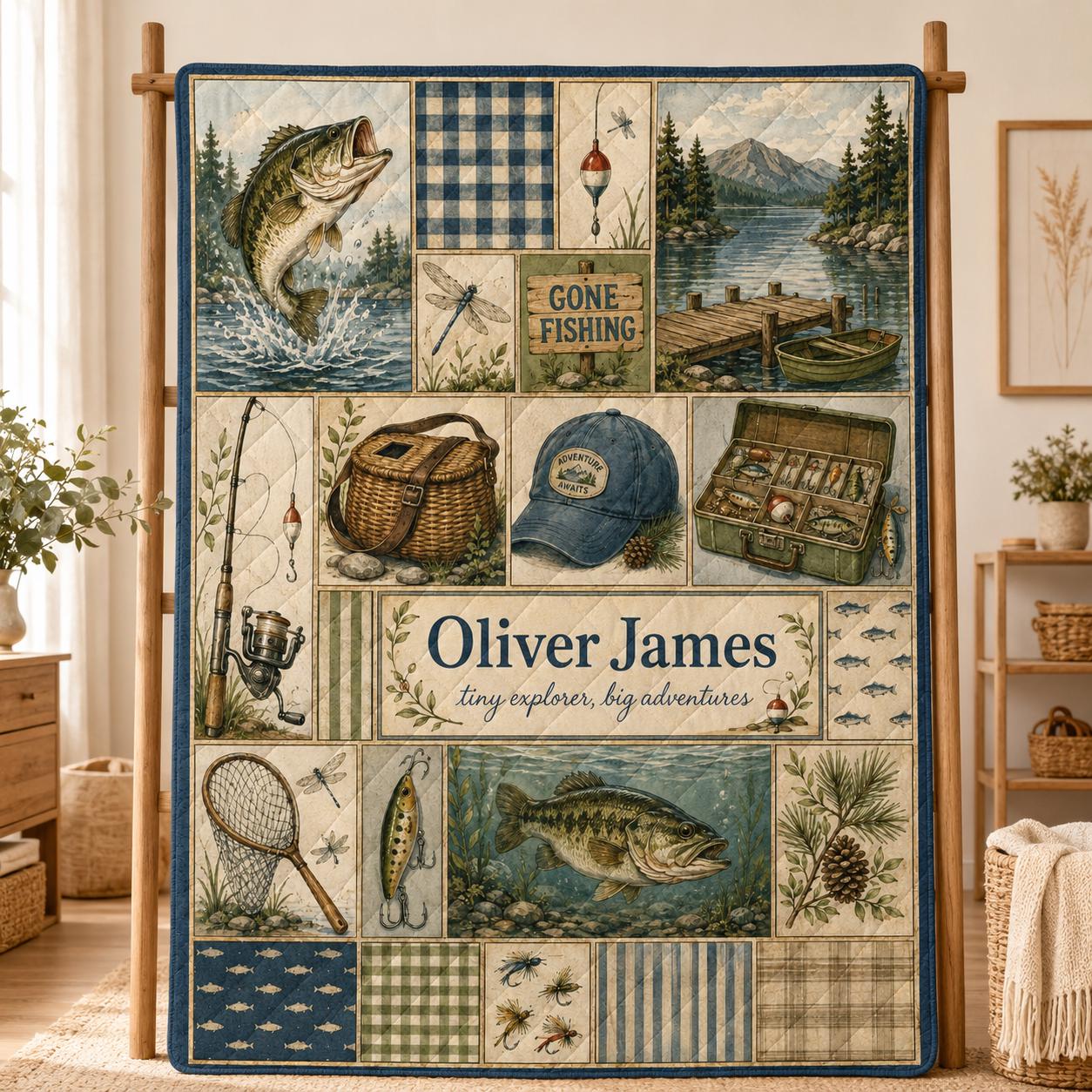 Personalized Bass Fishing Quilt Blanket, Custom Name Throw Blanket, Outdoor Nursery Decor, Fisherman Gift