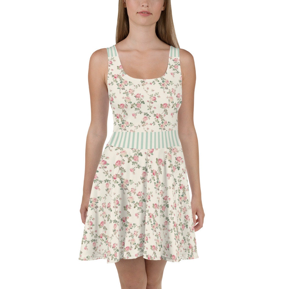 Women's cottage core florals skater dress, petite roses, cream and pink, summer dress,