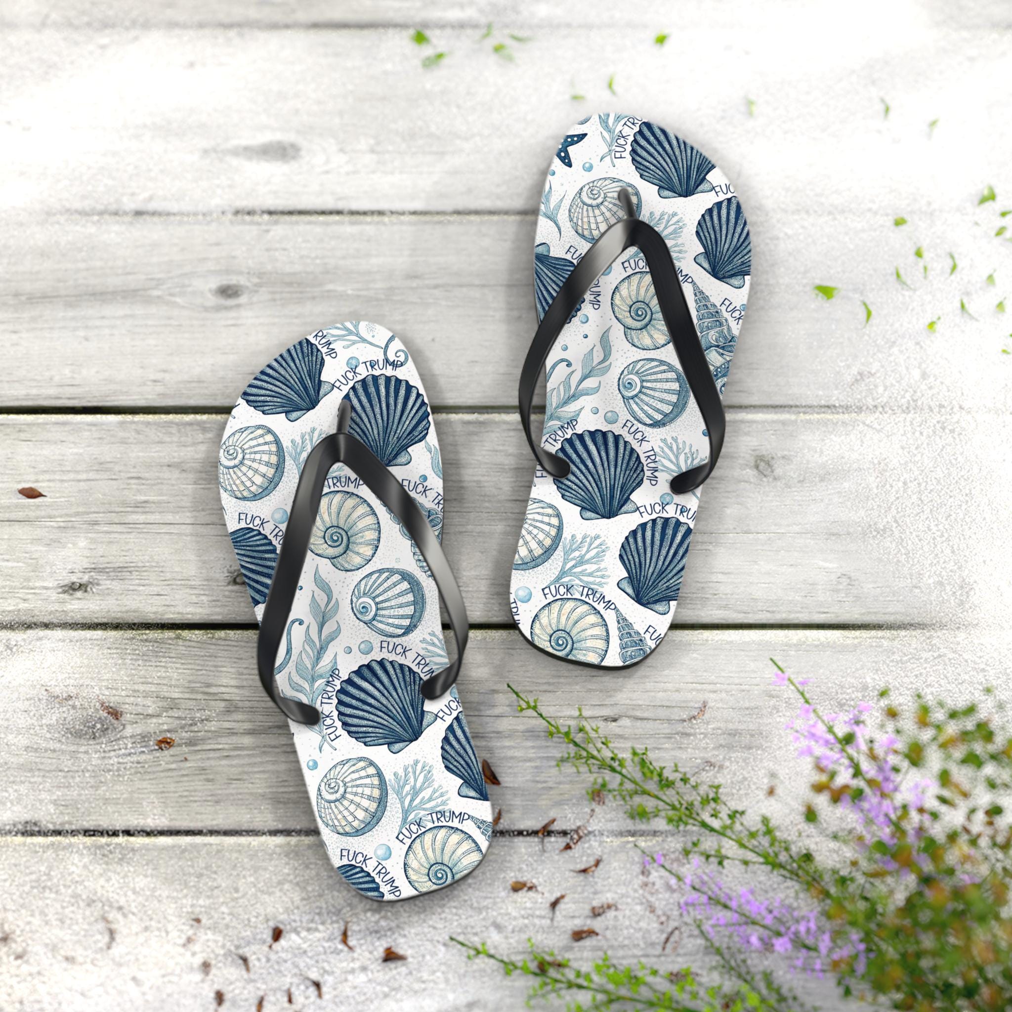 Flip Flops, Subtle F Trump Seashell Design, F*ck Trump Hidden Message, FDT Beach Sandals, Political Protest Footwear, Resistance Apparel
