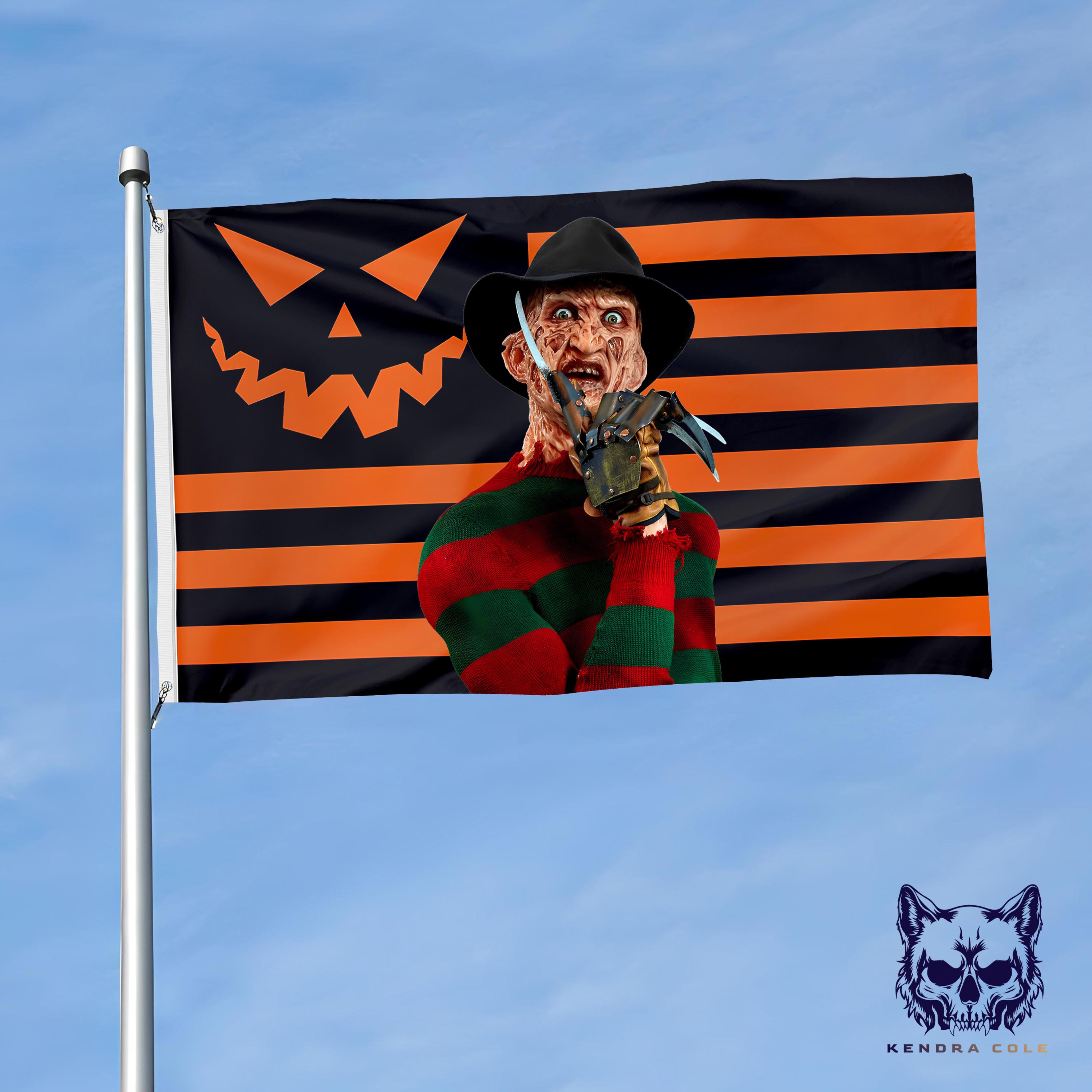Freddy Krueger Flag Halloween Horror Tapestry Nightmare Wall Art Slasher Movie Decor Spooky Orange & Black Scary Movie Gift