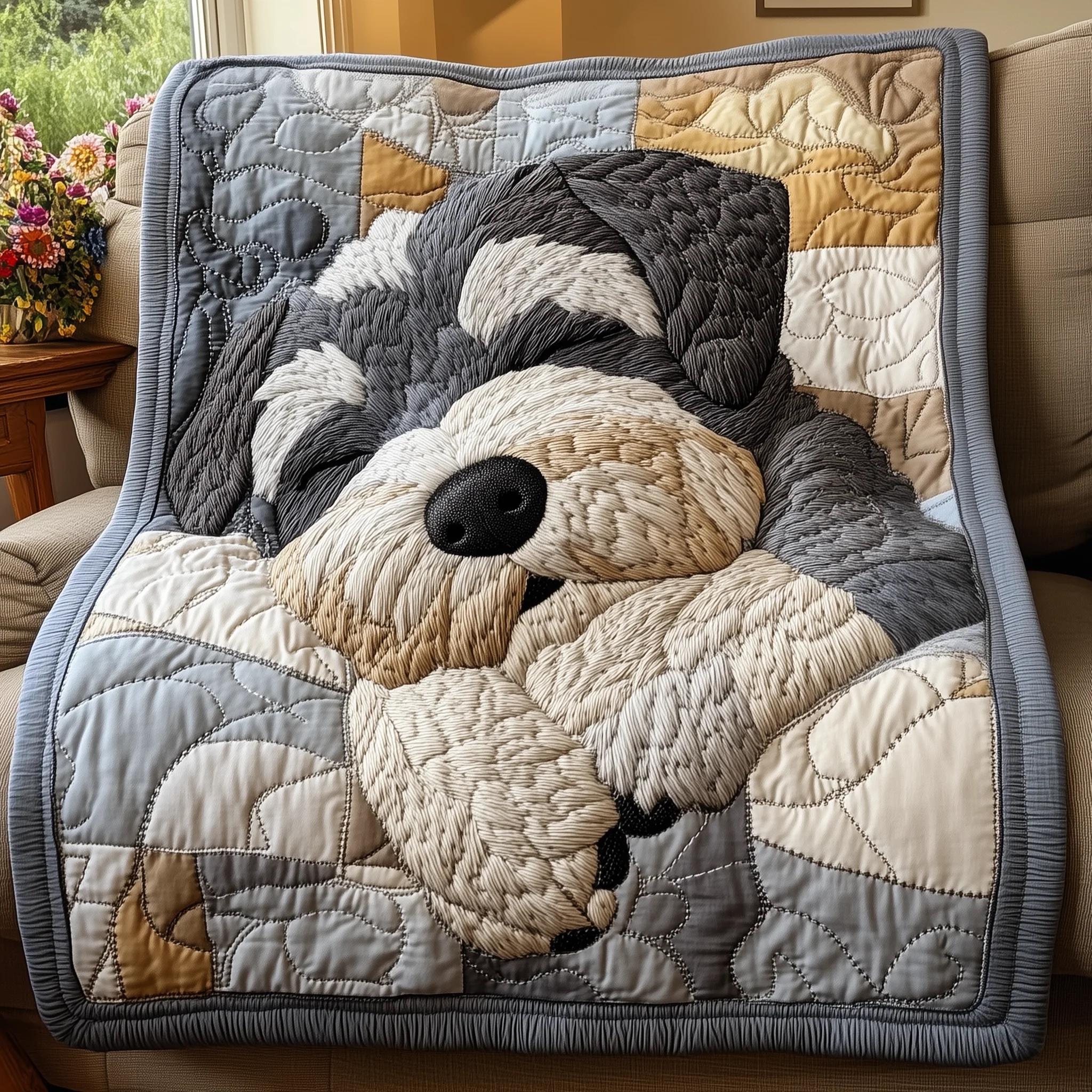 Sleeping Puppy Quilt Blanket, Cozy Dog Throw, Cute Pet Lover Gift, Soft Neutral Patchwork Quilt