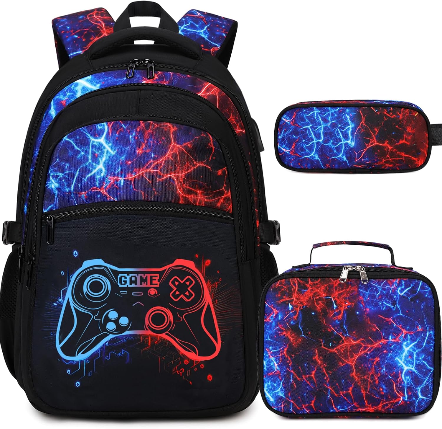 DIGOBAY Boys Backpack for School, 3PCS Cool Luminous Gamer Backpack for Boys with Lunch Box Pencil Case, Kids Backpacks Bookbag for Teen Boy Elementary Middle High School with USB Charging Port