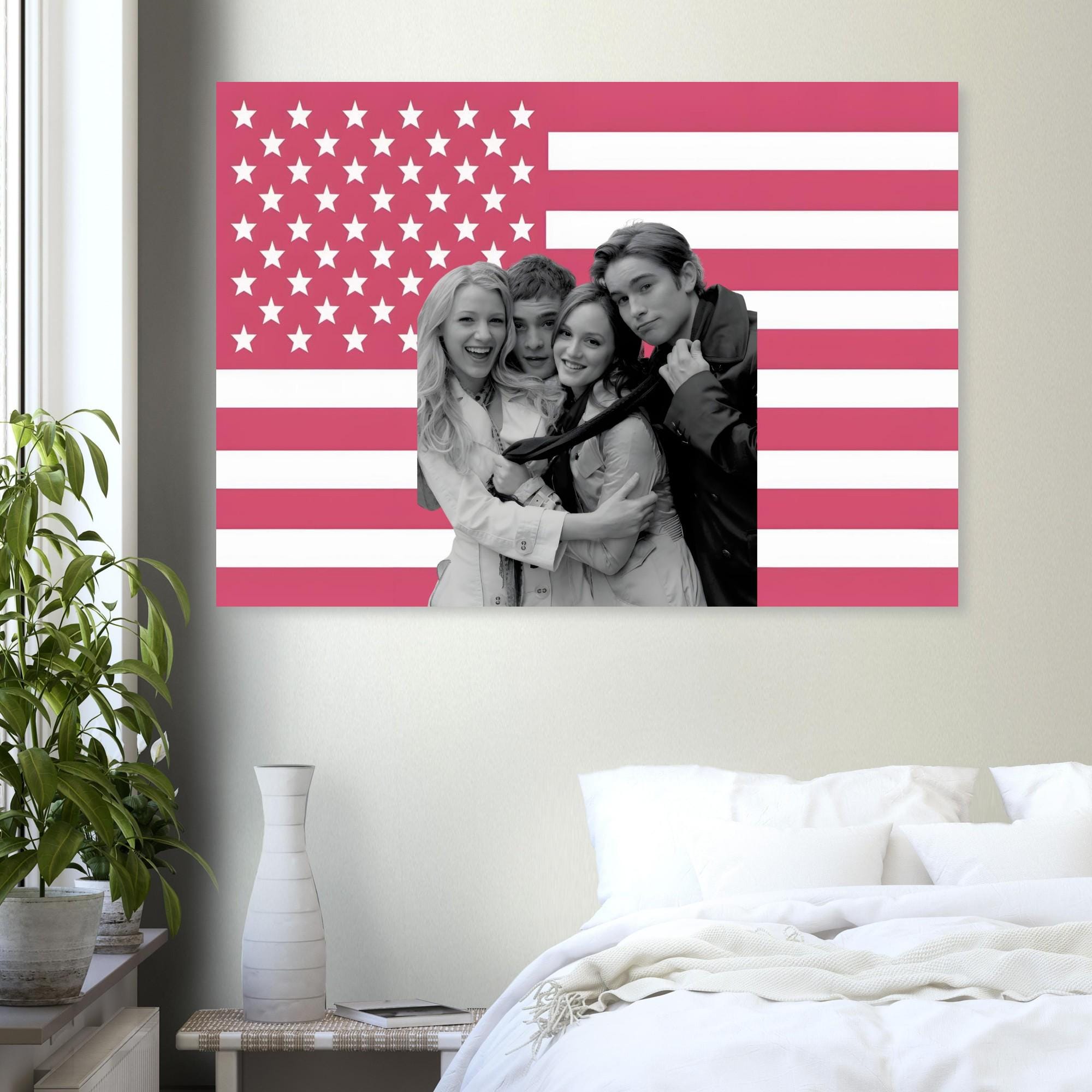 Custom Pink American Flag Tapestry Gossip Girl Characters Chuck, Blair, Nlin, Serena