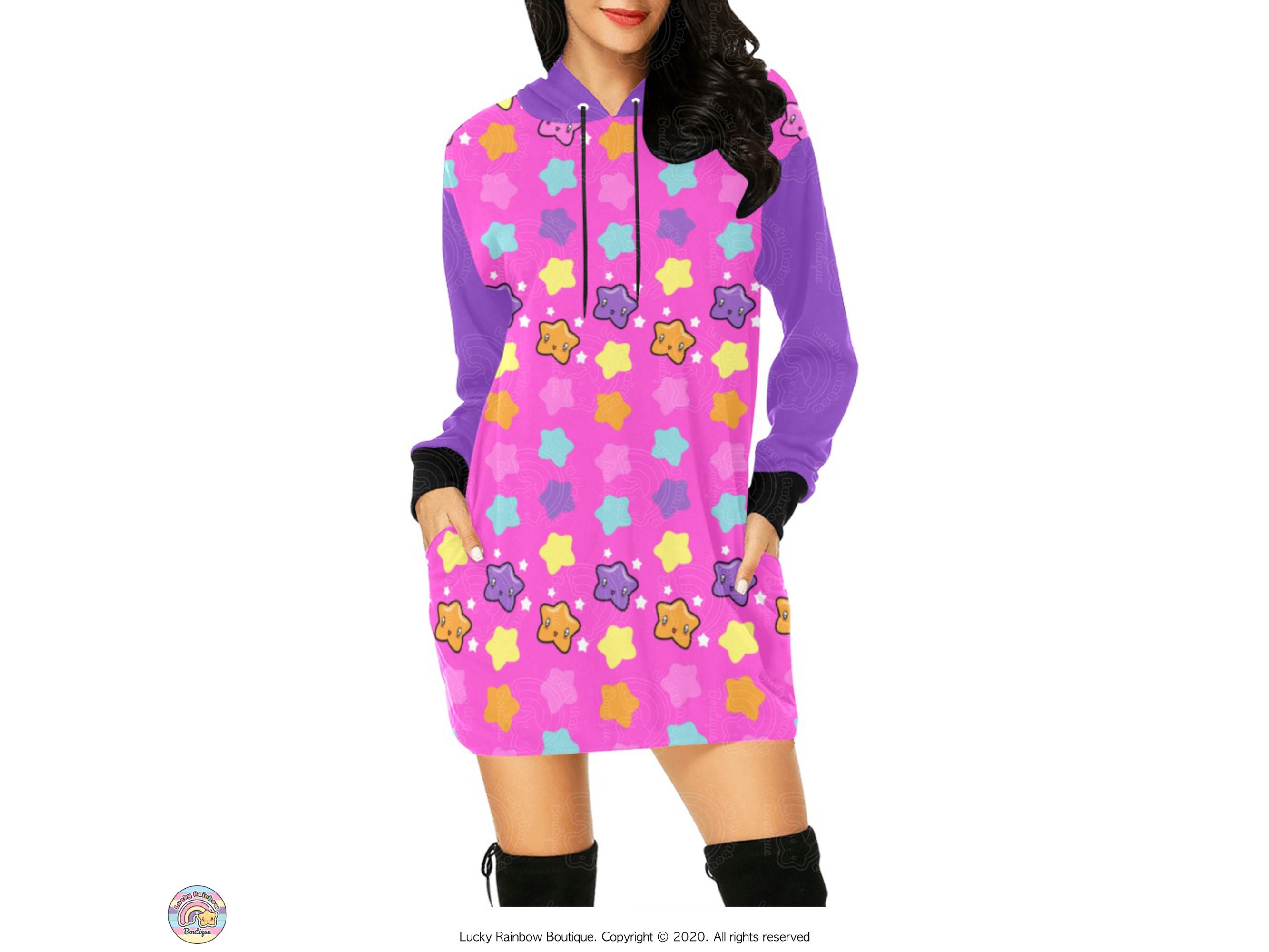 Bright Pink Star Hoodie Dress, Kawaii Rainbow Sweatshirt, Harajuku Fashion, All Over Stars Print Sweater, Retro Hoodie, Kidcore Clothes