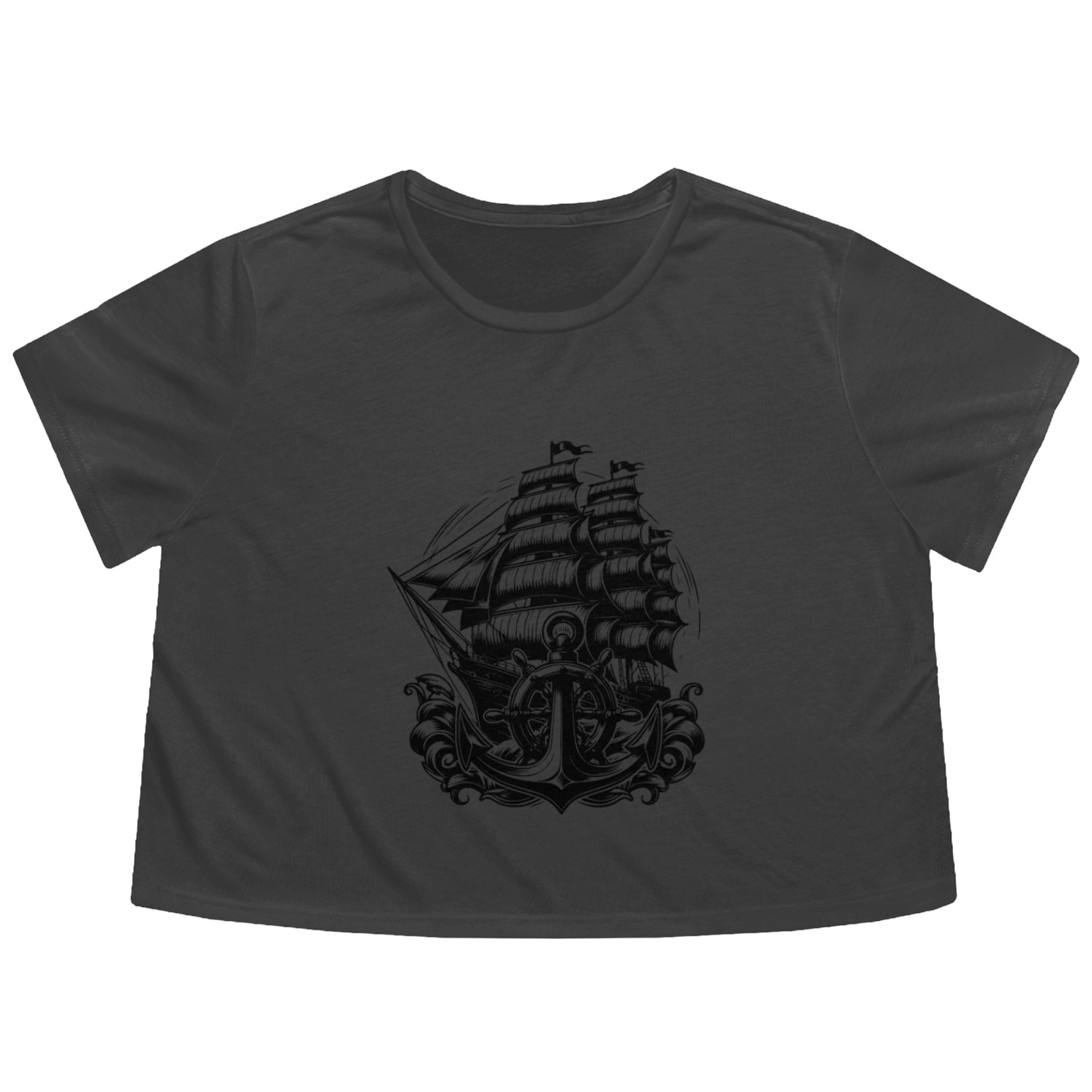 Anchor Steering Wheel Sailing Ship In Heavy Seas Flowy Cropped Tees