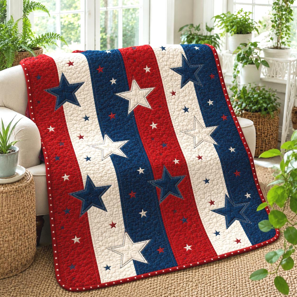 Patriotic Quilted Blanket, Americana Stars Throw, Red White Blue Farmhouse Decor