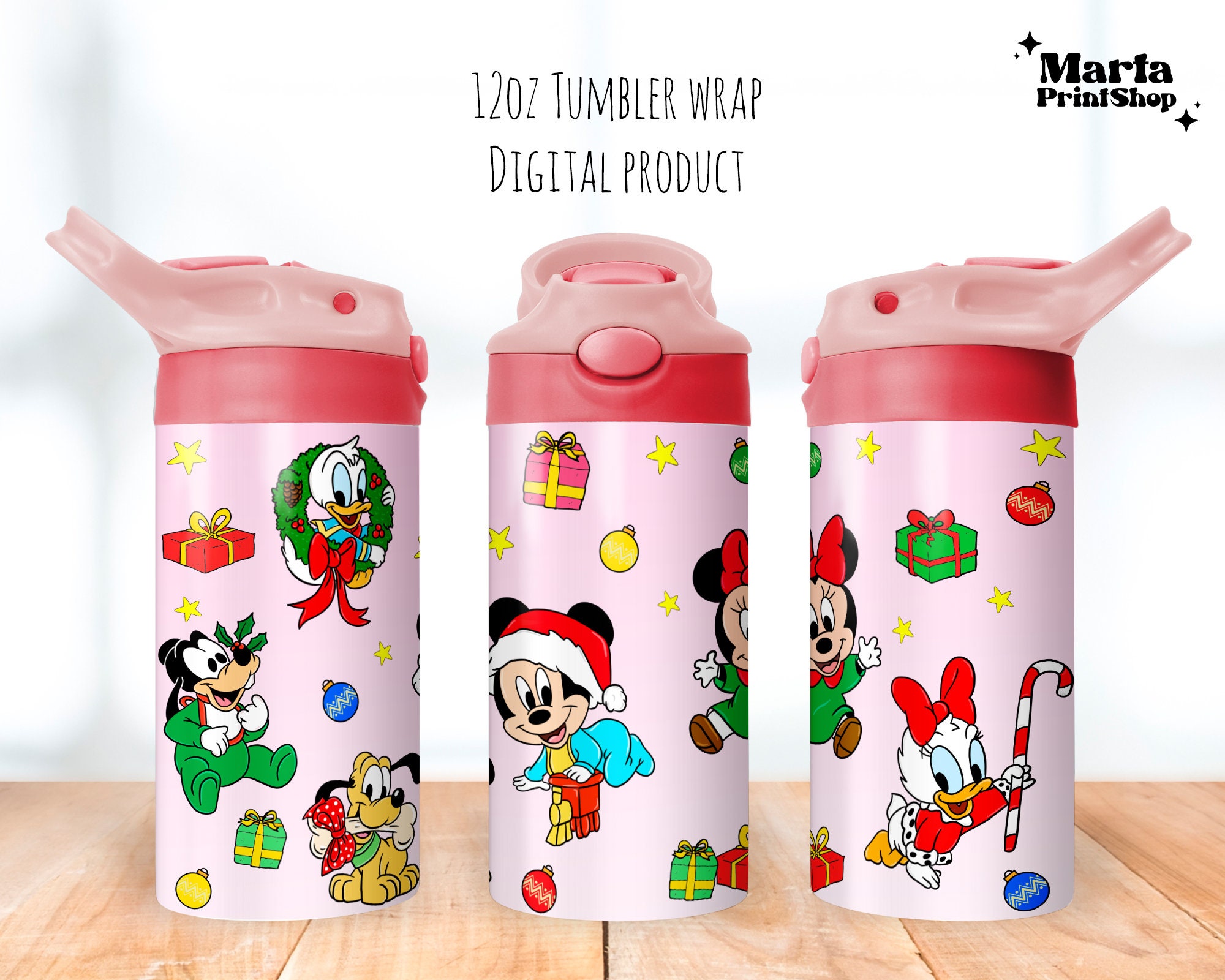 Magical Christmas Cartoon Tumbler, Kids Sippy Cup 12oz, Flower Flip Top Tumbler