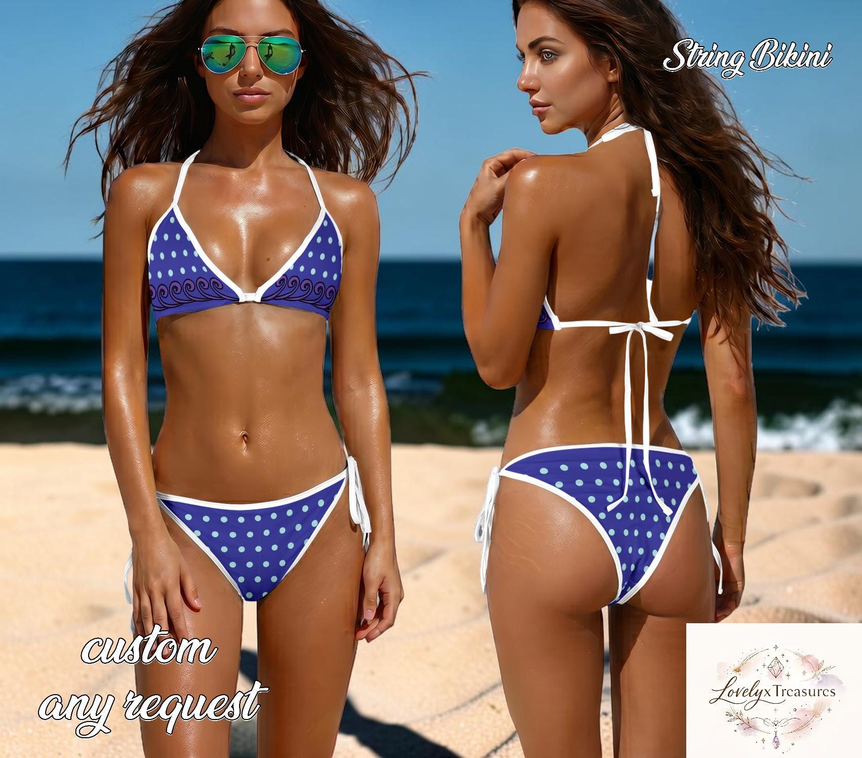 Purple Polka Dot Bikini Set, Wave Print Triangle String Swimsuit, Cute Tie Side Bikini, Summer Beachwear