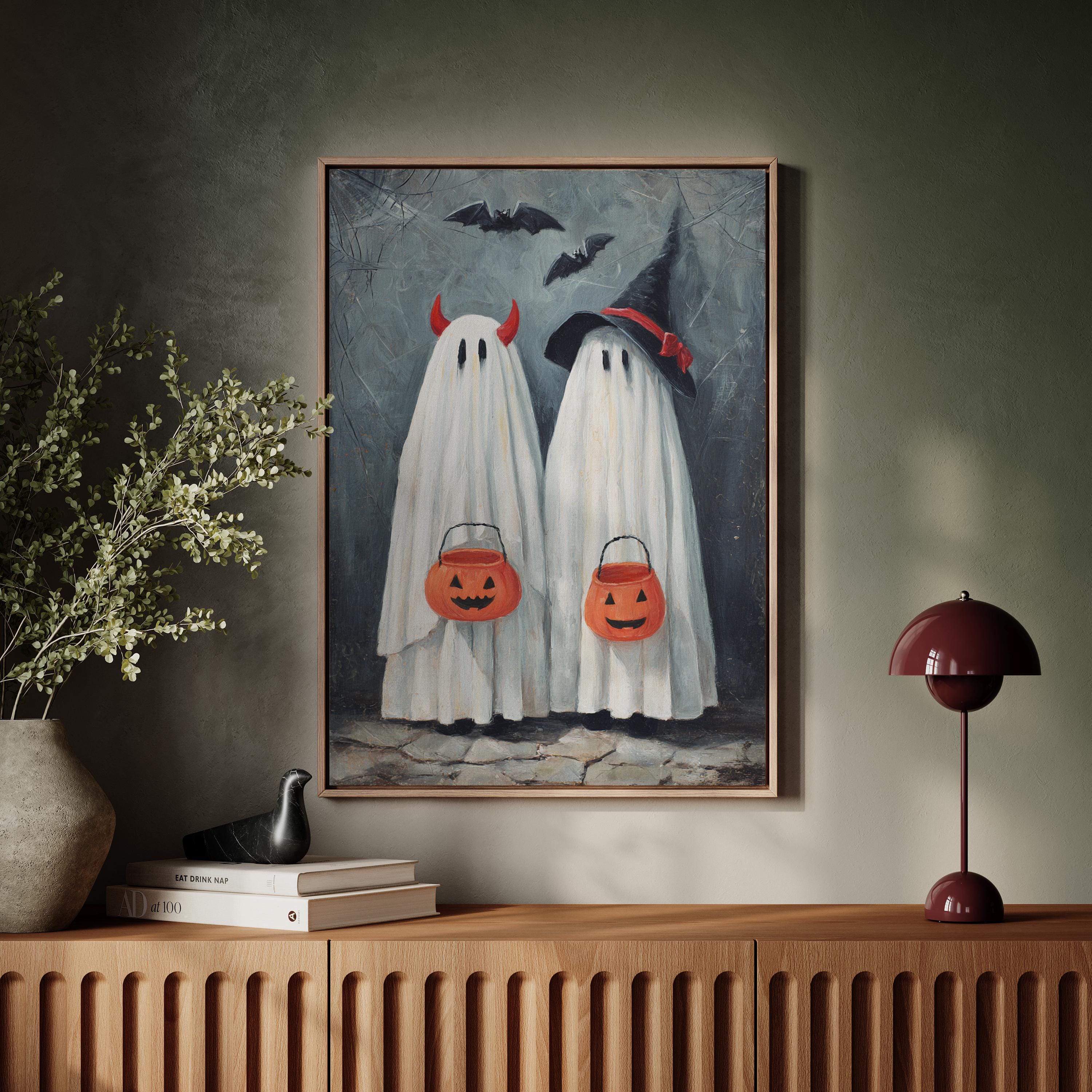 Cute Halloween Ghost Kids with Trick or Treat Buckets Spooky Pumpkin Canvas Art, Whimsical Witch & Devil Ghosts Wall Decor