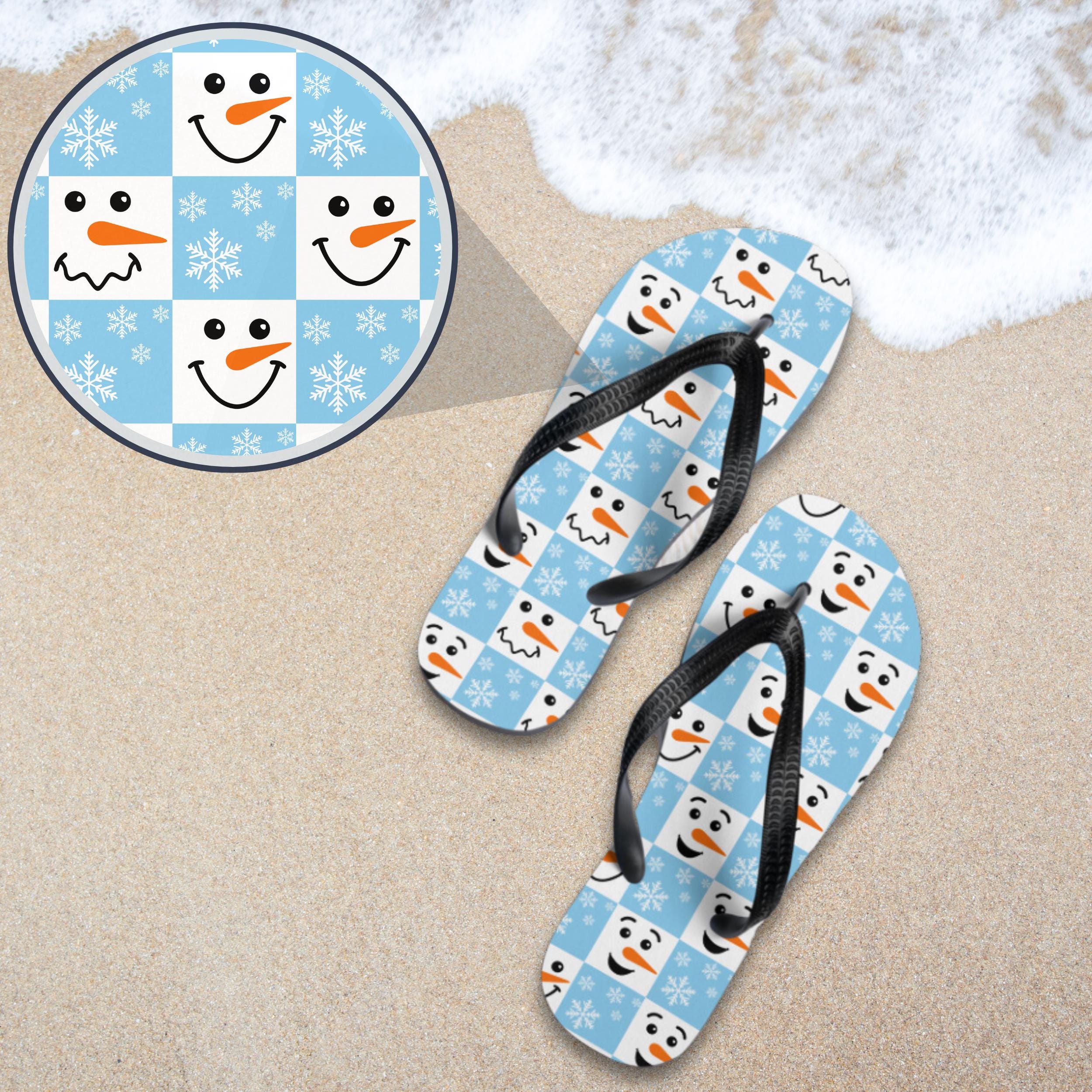 Snowman Snowflake Flip Flops | Blue & White Checkered Winter Design