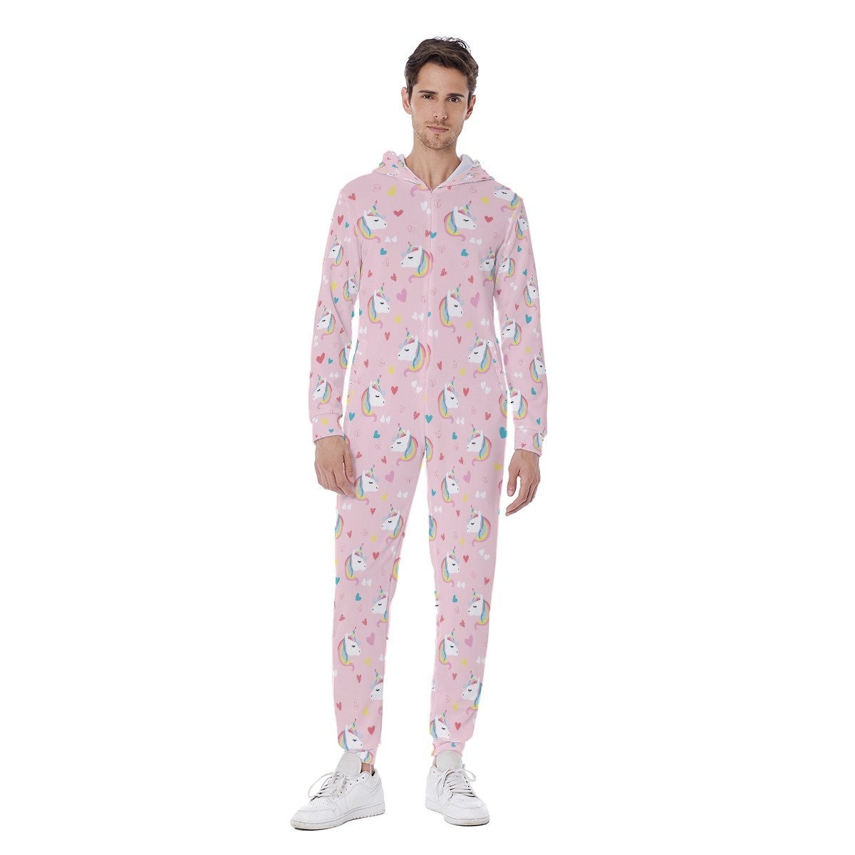 Pink unicorn Men's Hooded Jumpsuit, Pajamas Winter Warm