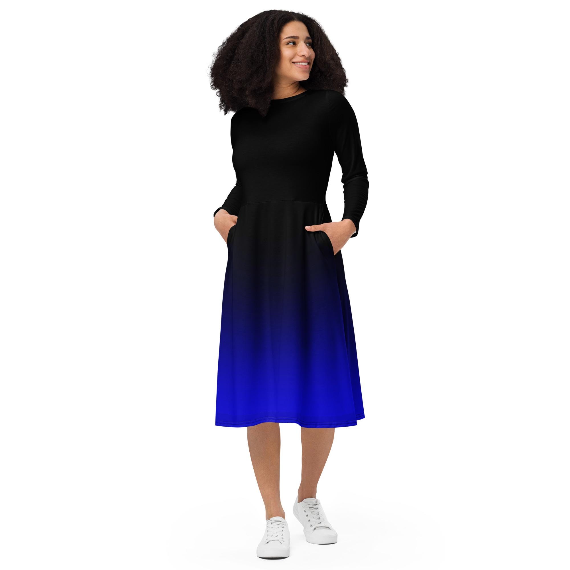 Electric Blue & Black Ombre | All-over print long sleeve midi dress