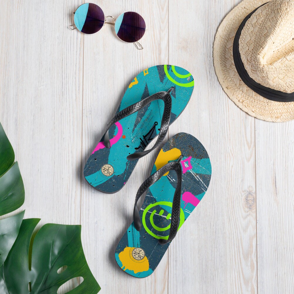 Graffiti flip flops, Retro Flip-Flops, vintage pattern flip flops, holiday pool flip flops, travel flip flops, mothers day gift