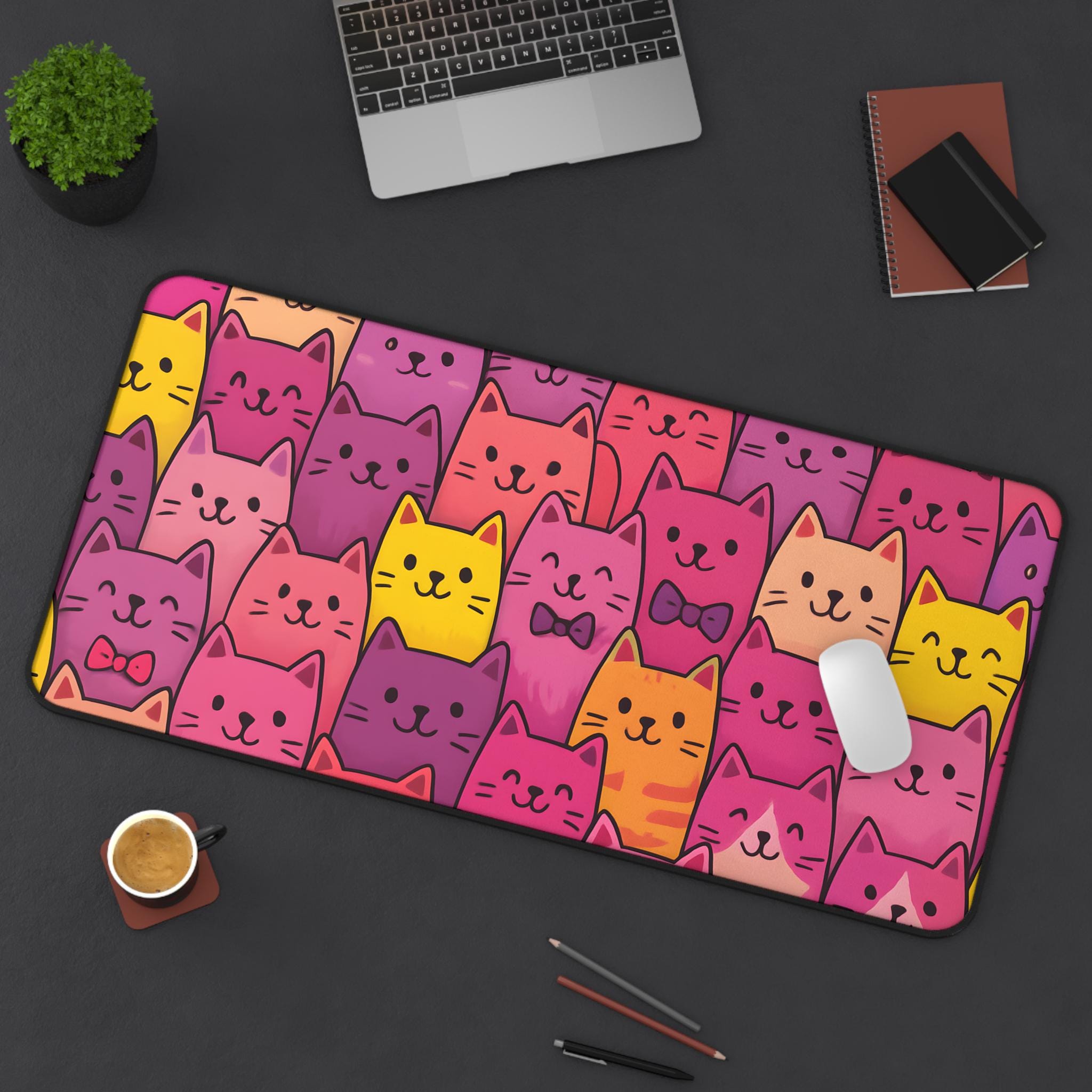 Kawaii Cat Desk Mat - Pink & Purple Cartoon Kitty Mouse Pad