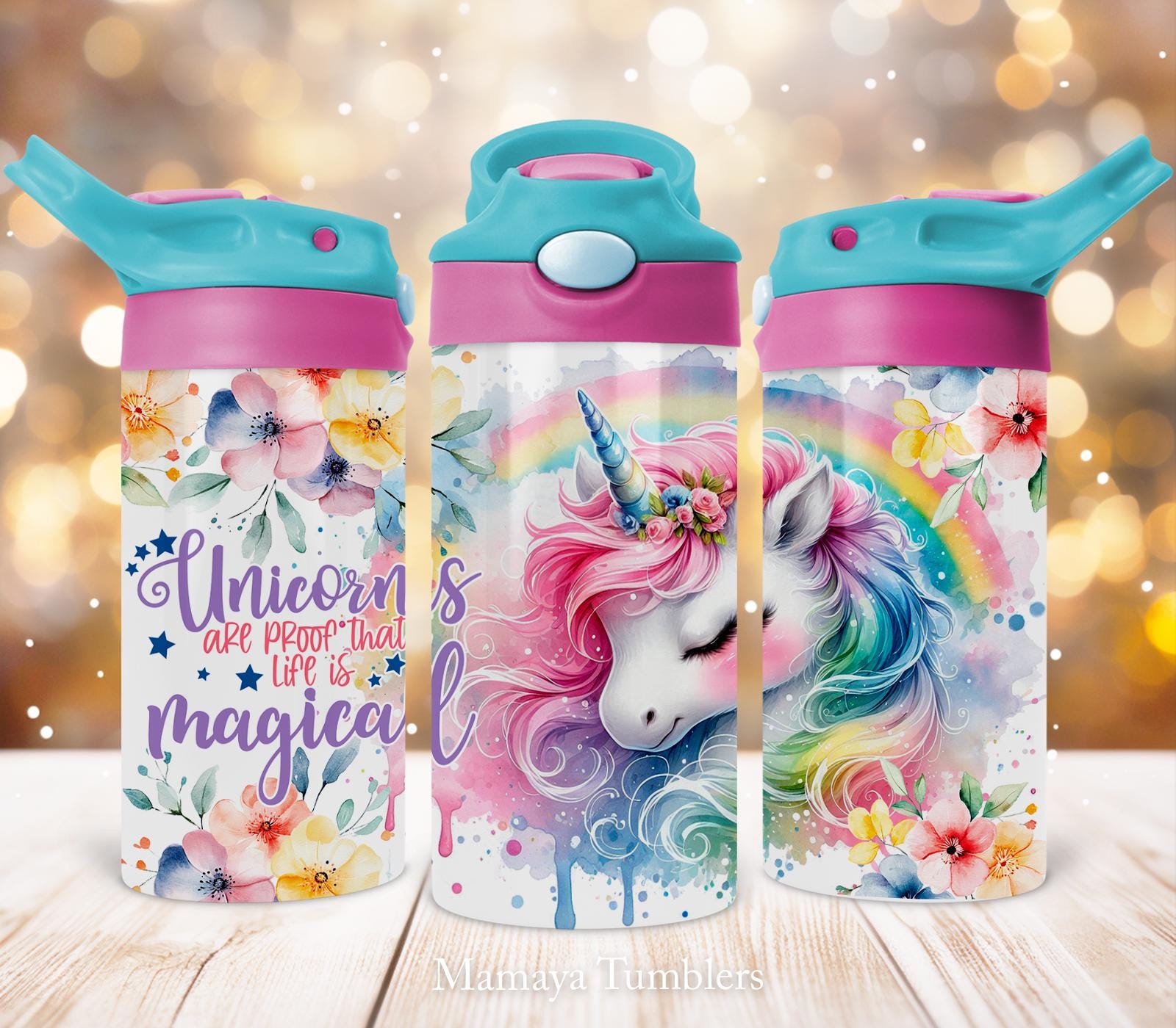 Unicorn 12oz Kids Flip Top Sippy Cup Tumbler, Life is magical Rainbow Flowers Kids Tumbler